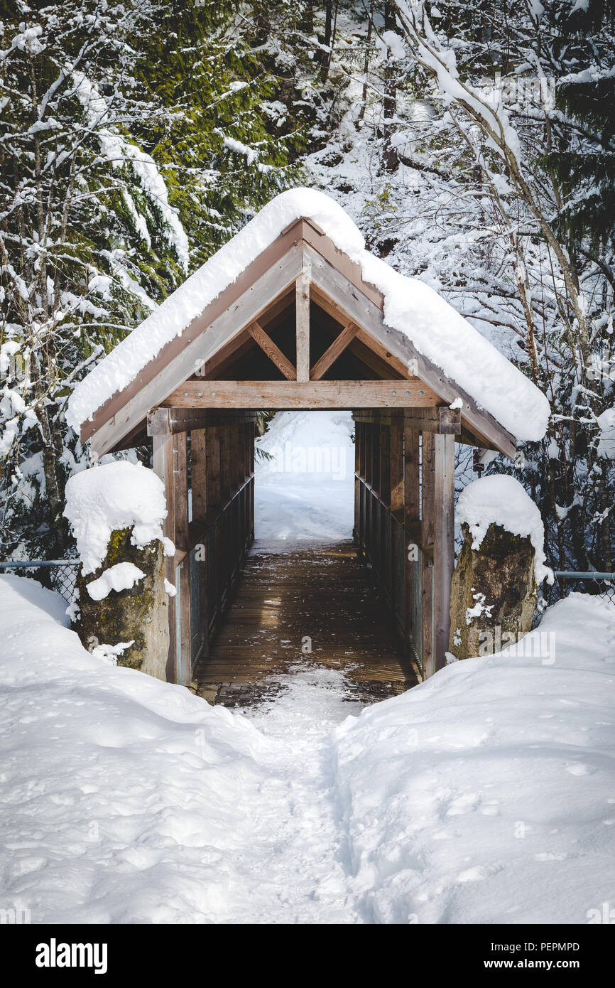 Überdachte Holzbrücke bei Brandywine Falls Provincial Park. Stockfoto