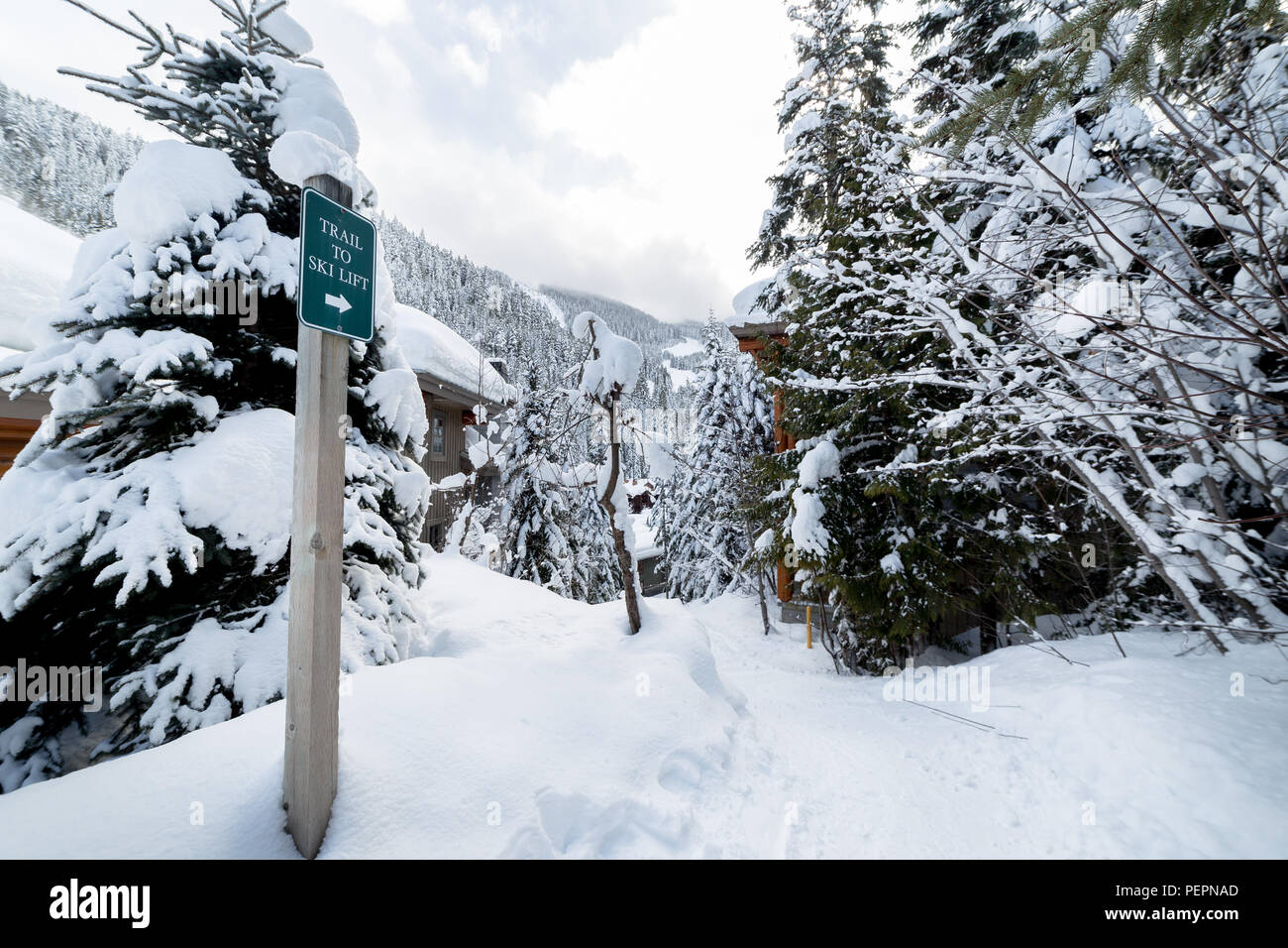Signage besdie einen Verschneiten trail Regie Skifahrer auf den Hügel. Stockfoto