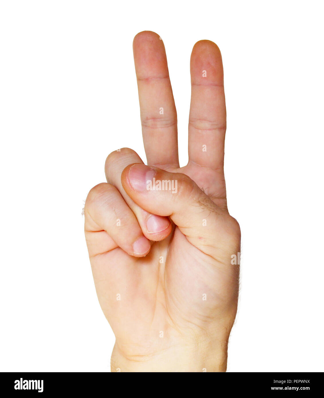 Zwei Finger. Frieden oder Sieg unterzeichnen. Des Menschen Hand mit zwei Fingern Stockfoto