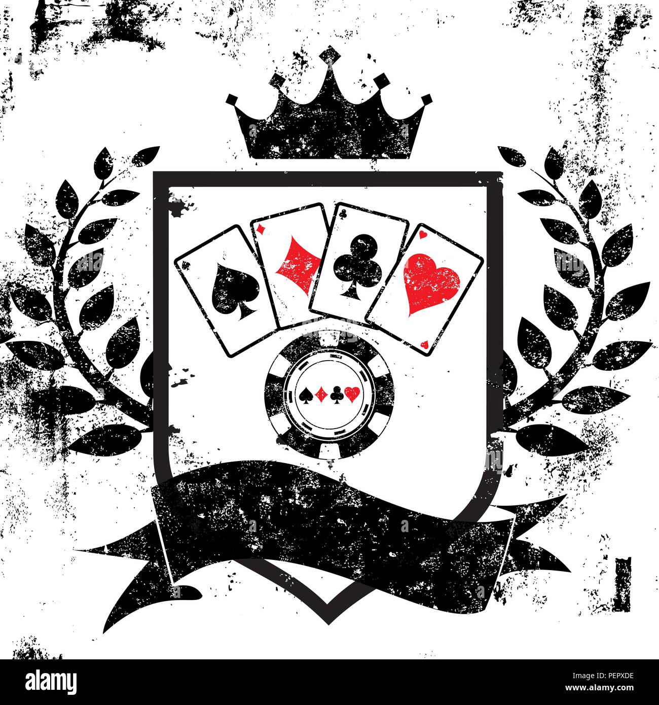 Poker shield Abzeichen. Karten und ein poker chip auf einem Schild mit einer Krone, Lorbeerkranz und ein Text Banner über einen strukturierten Hintergrund. Stock Vektor