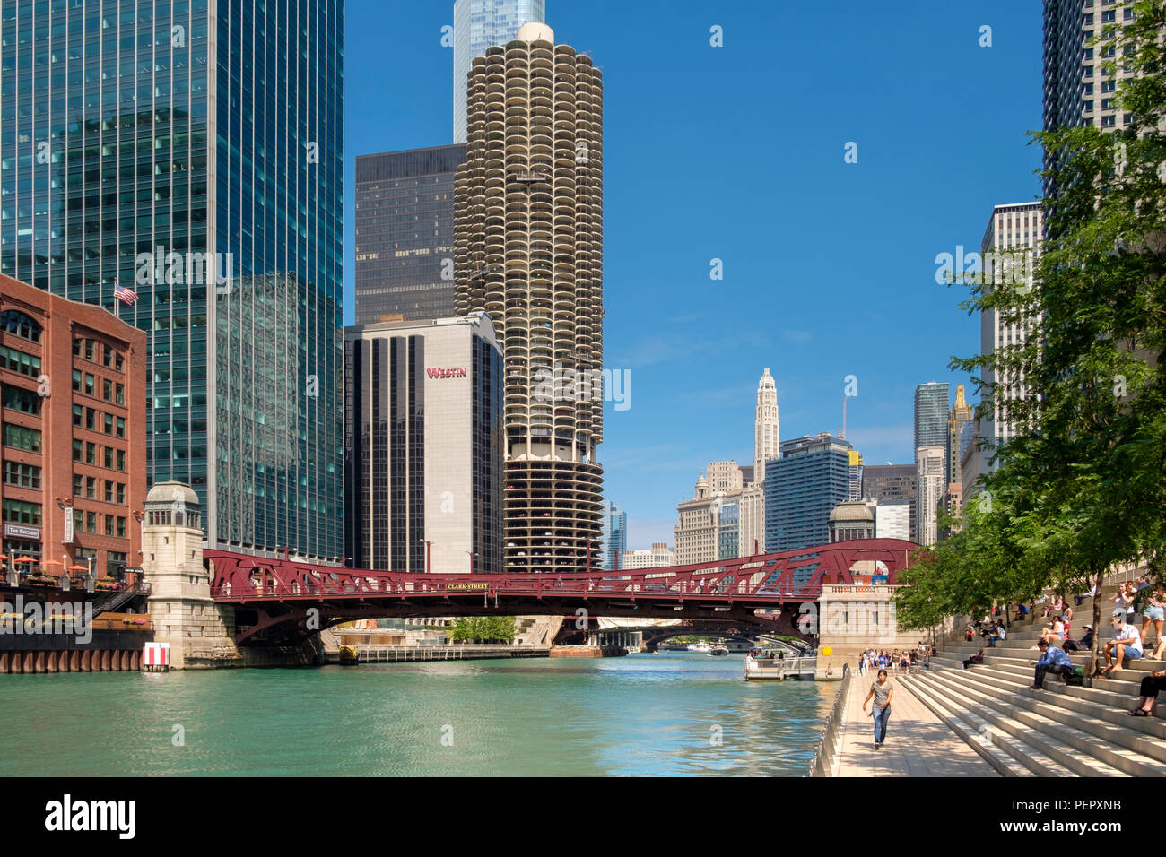 Chicago River, den Riverwalk, Kajaks und umliegende Downtown Architektur im Sommer, Chicago, Illinois, USA Stockfoto