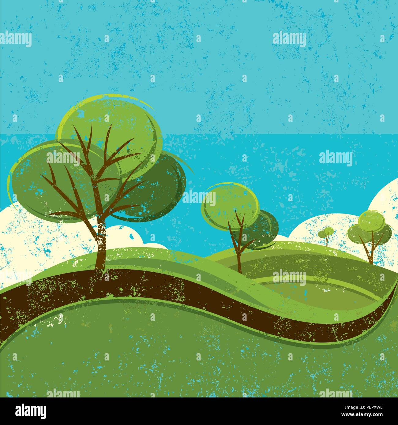 Frühling Landschaft. Zeitgenössische Frühling Bäume über eine strukturierte Landschaft Hintergrund. Stock Vektor