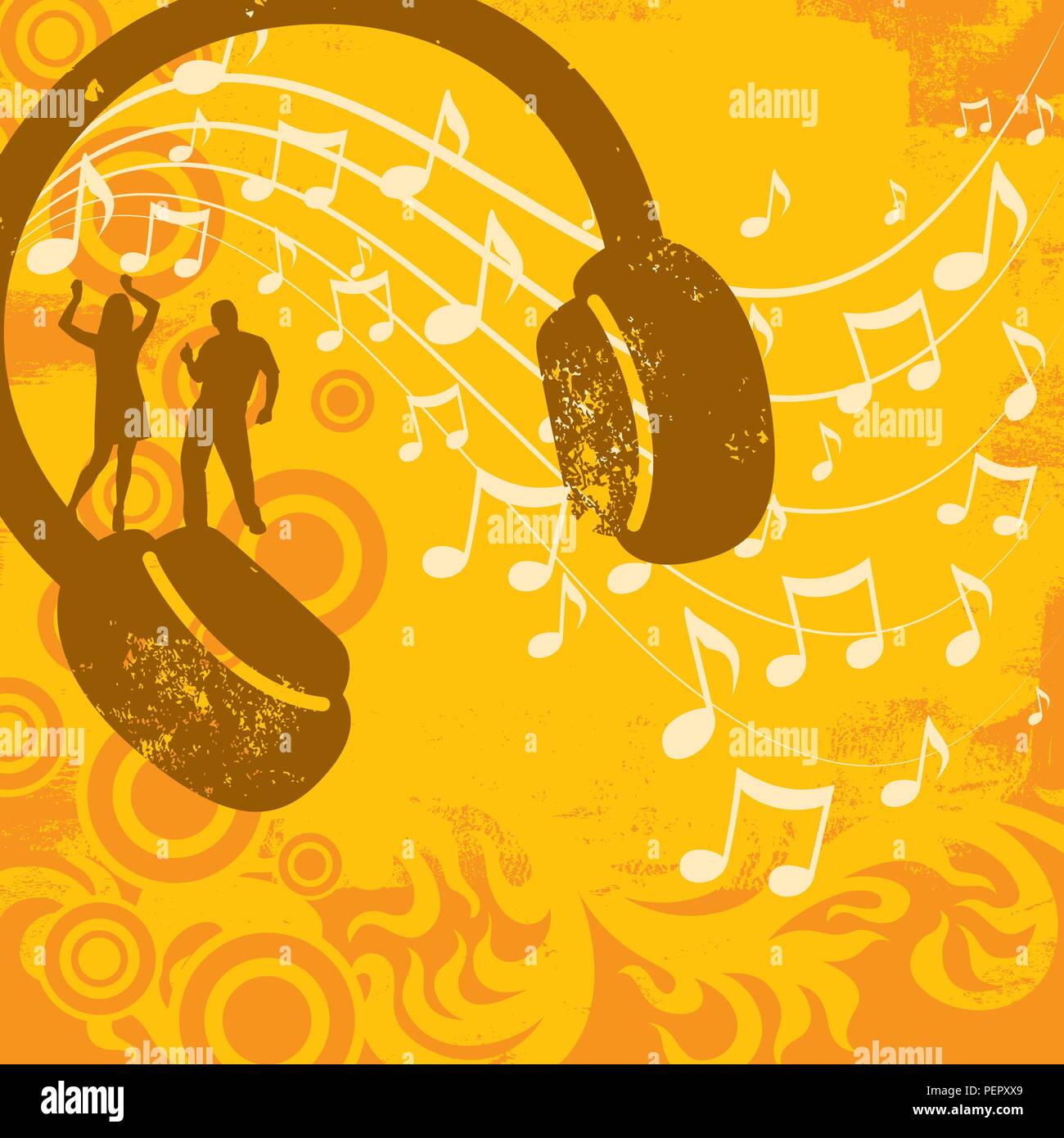 Musik Insignia. Silhouette paar Tanz auf dem Kopfhörer vor dem Strudel der Noten mit verschiedenen Design Elemente über einen strukturierten Hintergrund. Stock Vektor