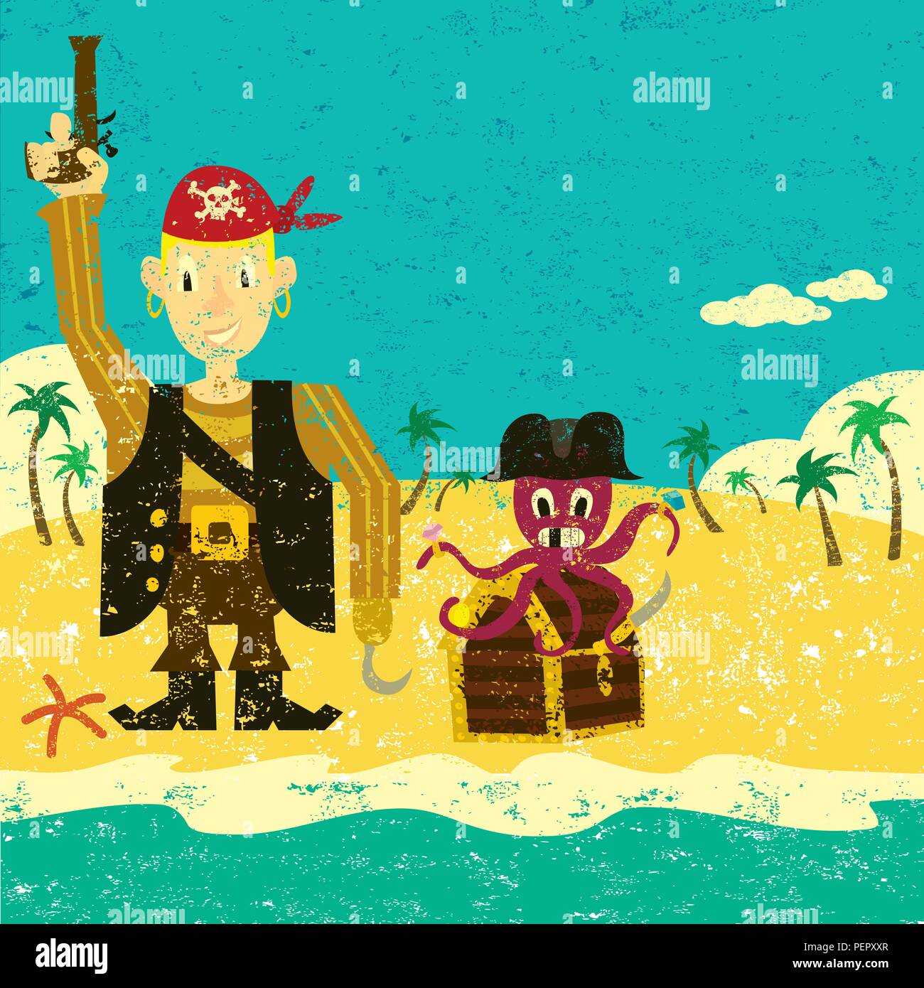 Pirat Junge mit einer Krake. Ein Pirat Junge mit einem Oktopus und eine Schatztruhe auf einer einsamen Insel. Stock Vektor