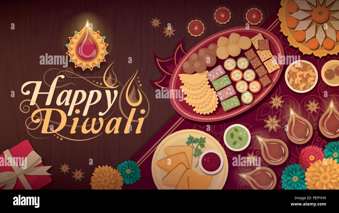 Diwali Feier zu Hause mit traditionellem Essen und Lampen Stock Vektor