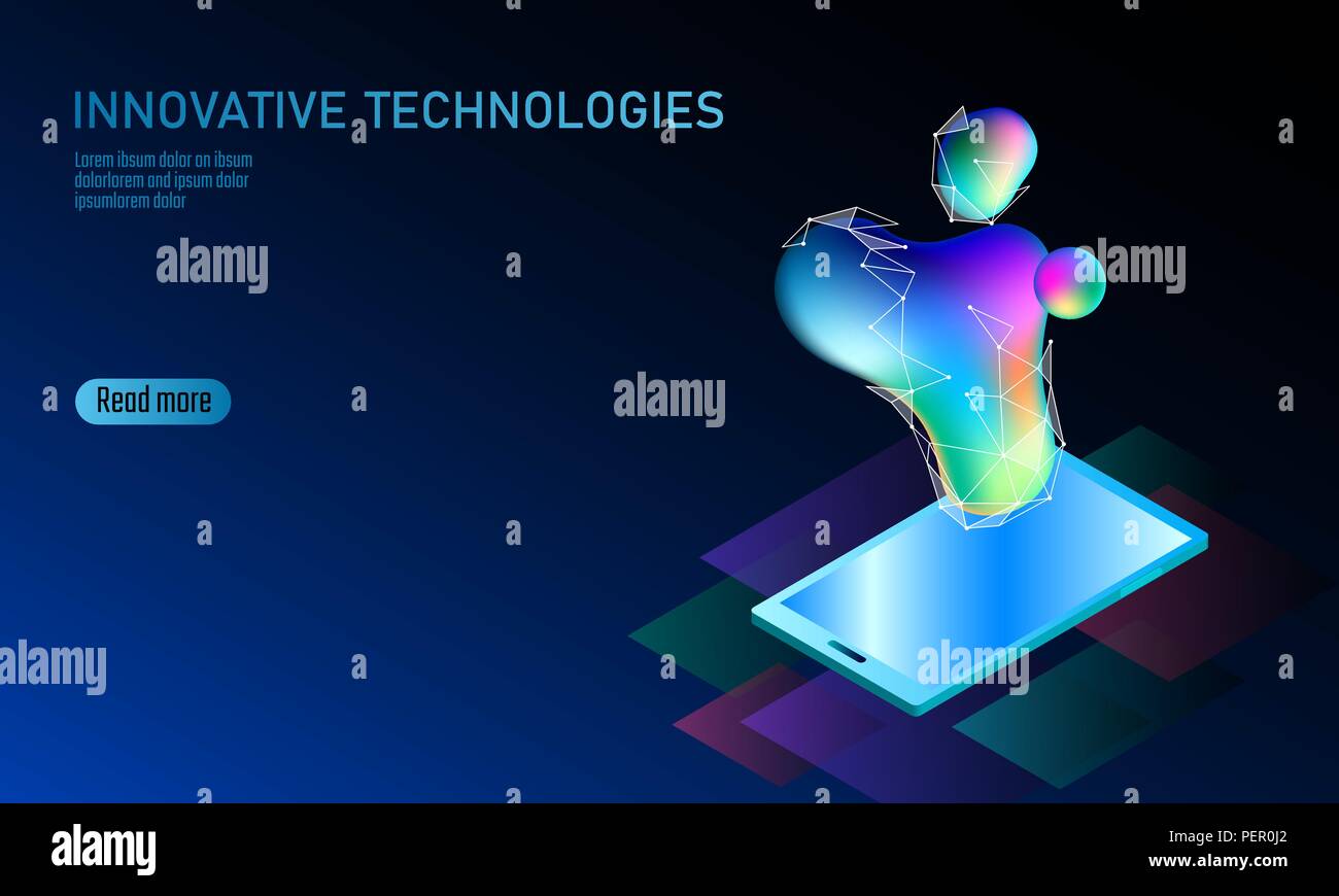 3D-fähiges Smartphone Display Konzept. Stereoskopische isometrische 3D-Business Innovation Technologie. Bunte lebendige Farbe Kugel Form schillernde Flüssigkeit gradient Neon hell Vector Illustration Stock Vektor