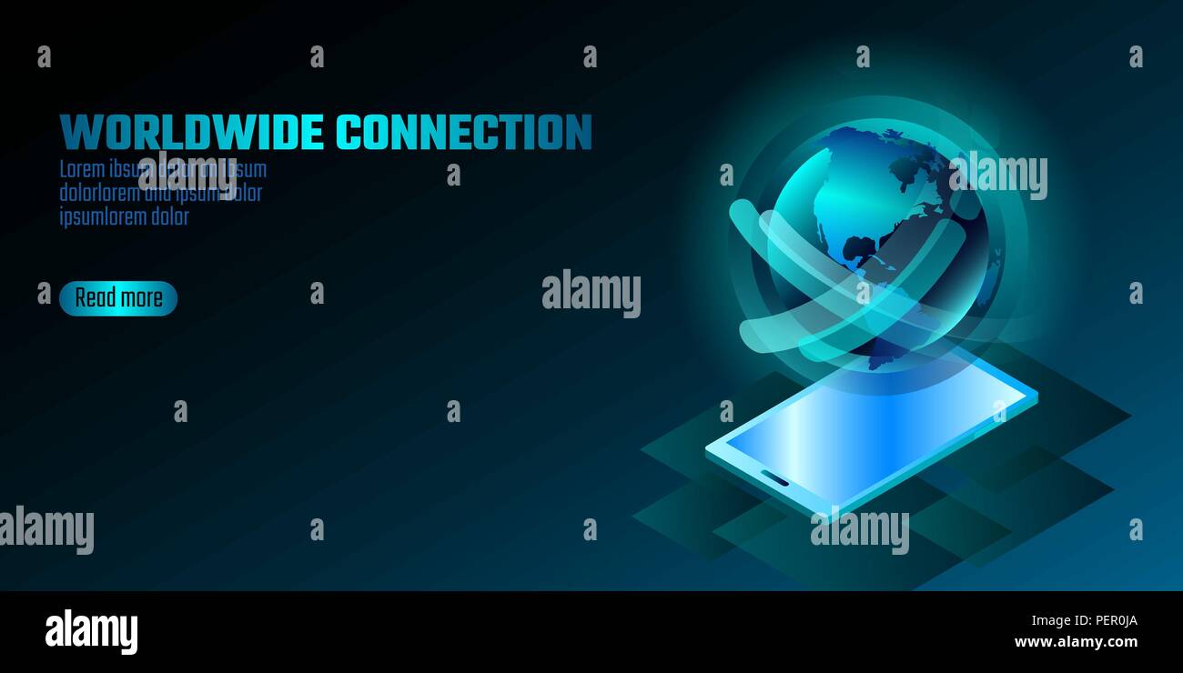 3D-fähiges Smartphone Display Konzept. Stereoskopische isometrische 3D-Business Innovation Technologie. Blue Space globe Form glühende gradient Motion abgerundete Vector Illustration Stock Vektor