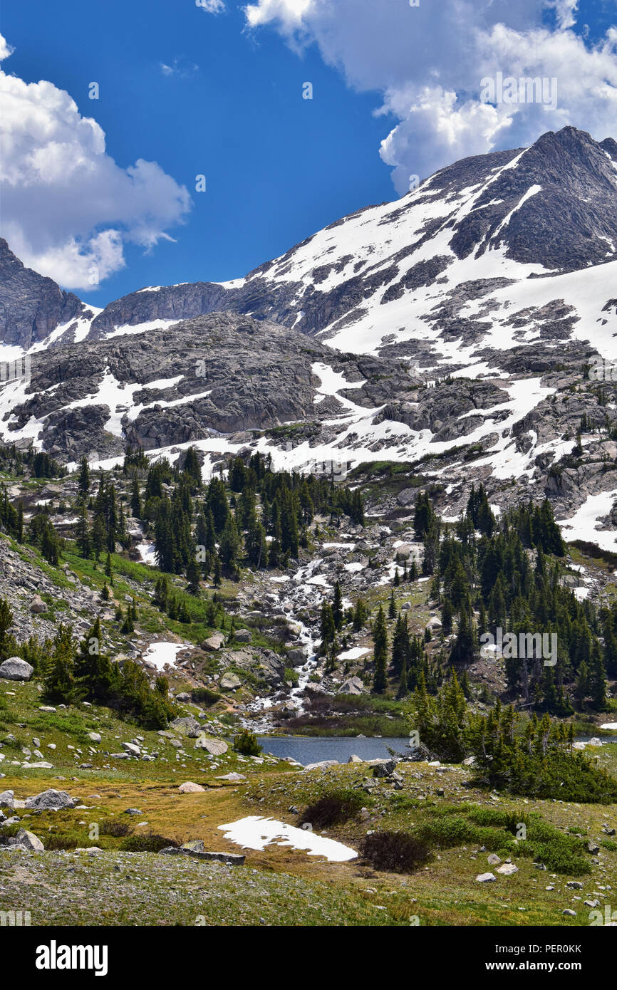 Island Lake in der Wind River Range, Rocky Mountains, Wyoming, Ansichten aus dem Rucksack Wanderweg zu Titcomb Becken aus Elkhart Park Trailhead gehen Stockfoto