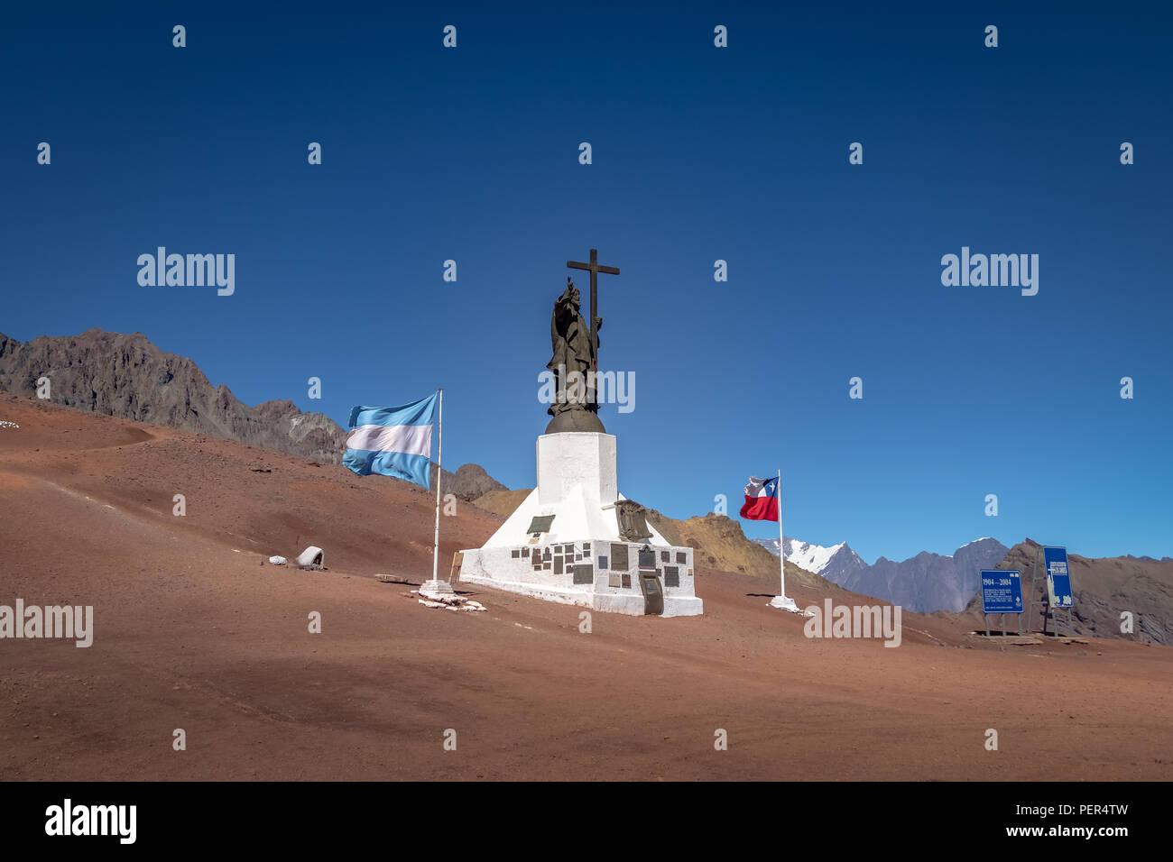 Cristo Redentor de Los Andes (Christus der Erlöser der Anden) Denkmal an die Cordillera de Los Andes - Argentinien und Chile Grenze Stockfoto