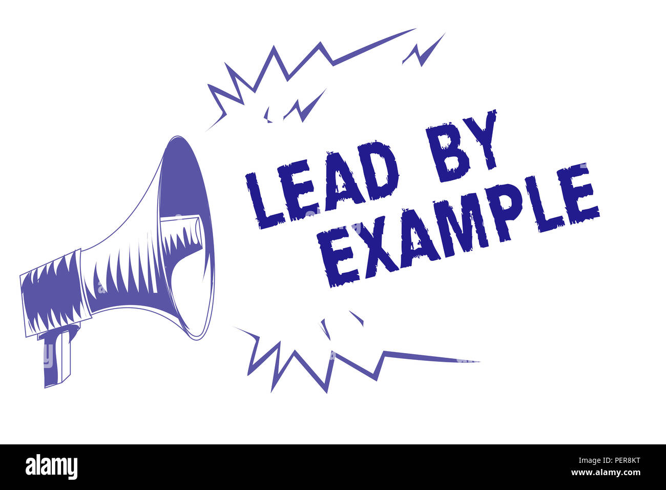 Wort Schreiben von Text mit gutem Beispiel vorangehen. Business Konzept für einen Mentor Führer folgen den Regeln geben Beispiele Coach Lila Megaphon Lautsprecher wichtig Stockfoto