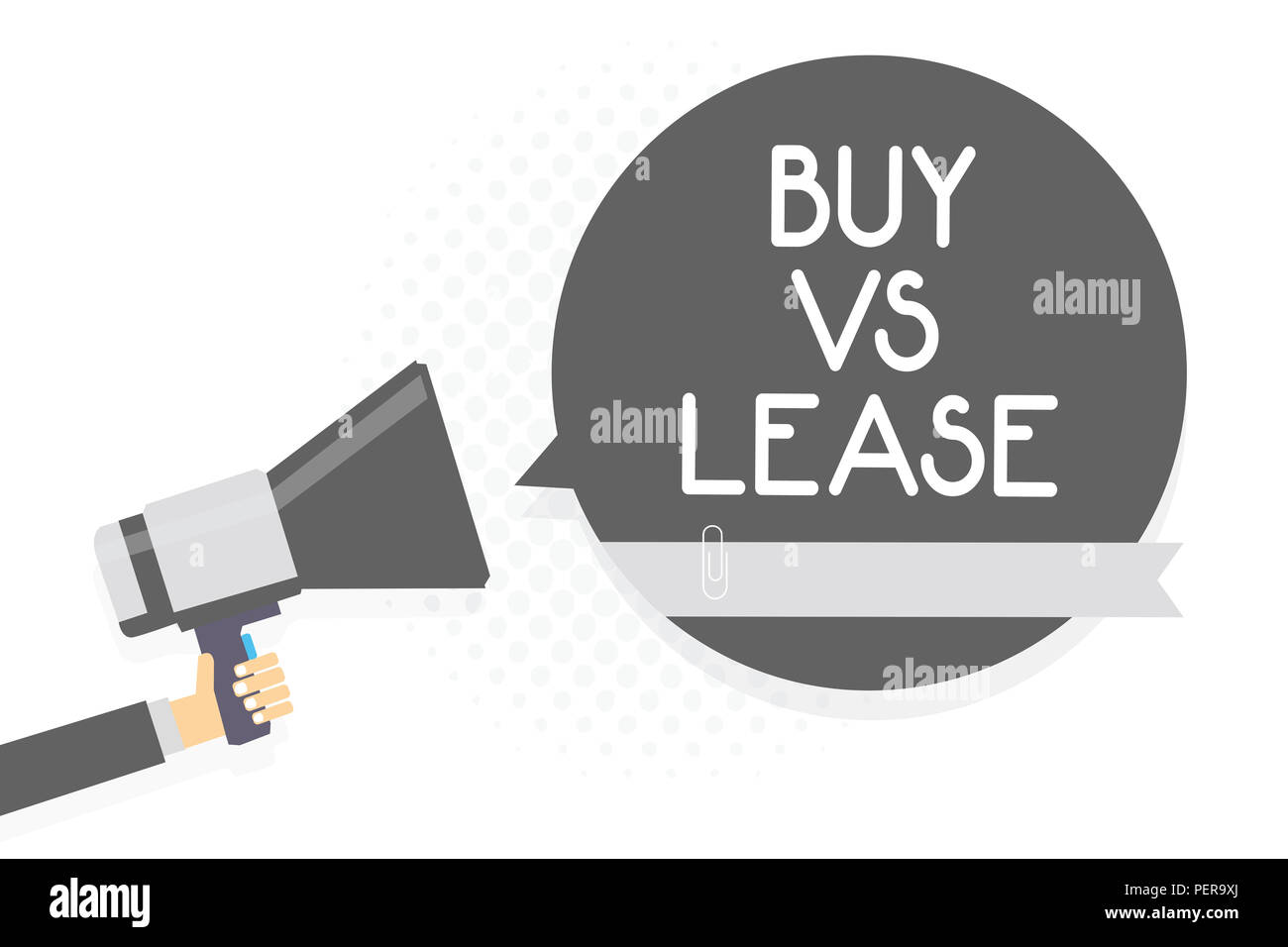 Wort schreiben Text kaufen Vs. Business Konzept für Eigene etwas im Vergleich zu leihen es Vorteile Nachteile Mann mit Megaphon Lautsprecher Grau sp Stockfoto