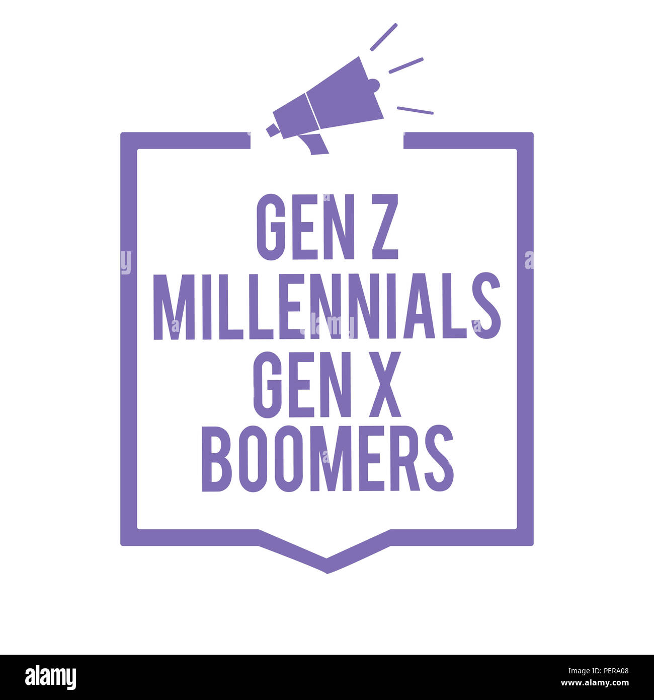 Handschrift Text schreiben Gen Z Millennials Gen X Boomers. Begriff Sinne generationsbedingte Unterschiede alten Jugendlichen Megaphon Lautsprecher lila Rahmen Stockfoto
