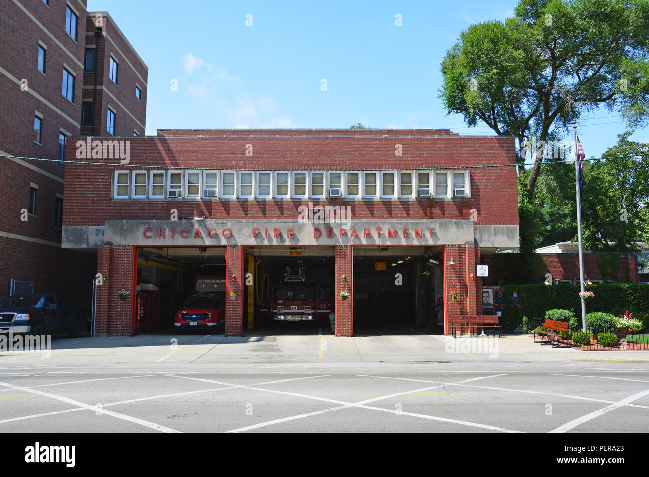 Die Chicago Feuerwehr Feuerwehrhaus auf North Halsted Street im Lincoln Park Nachbarschaft. Stockfoto