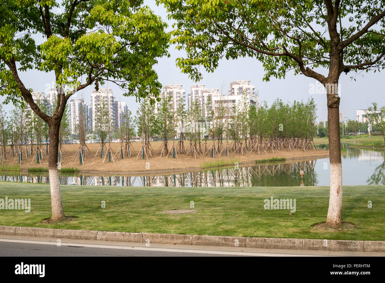 Suzhou, Jiangsu, China. Neu gepflanzten Bäume mit Unterstützung. Stockfoto