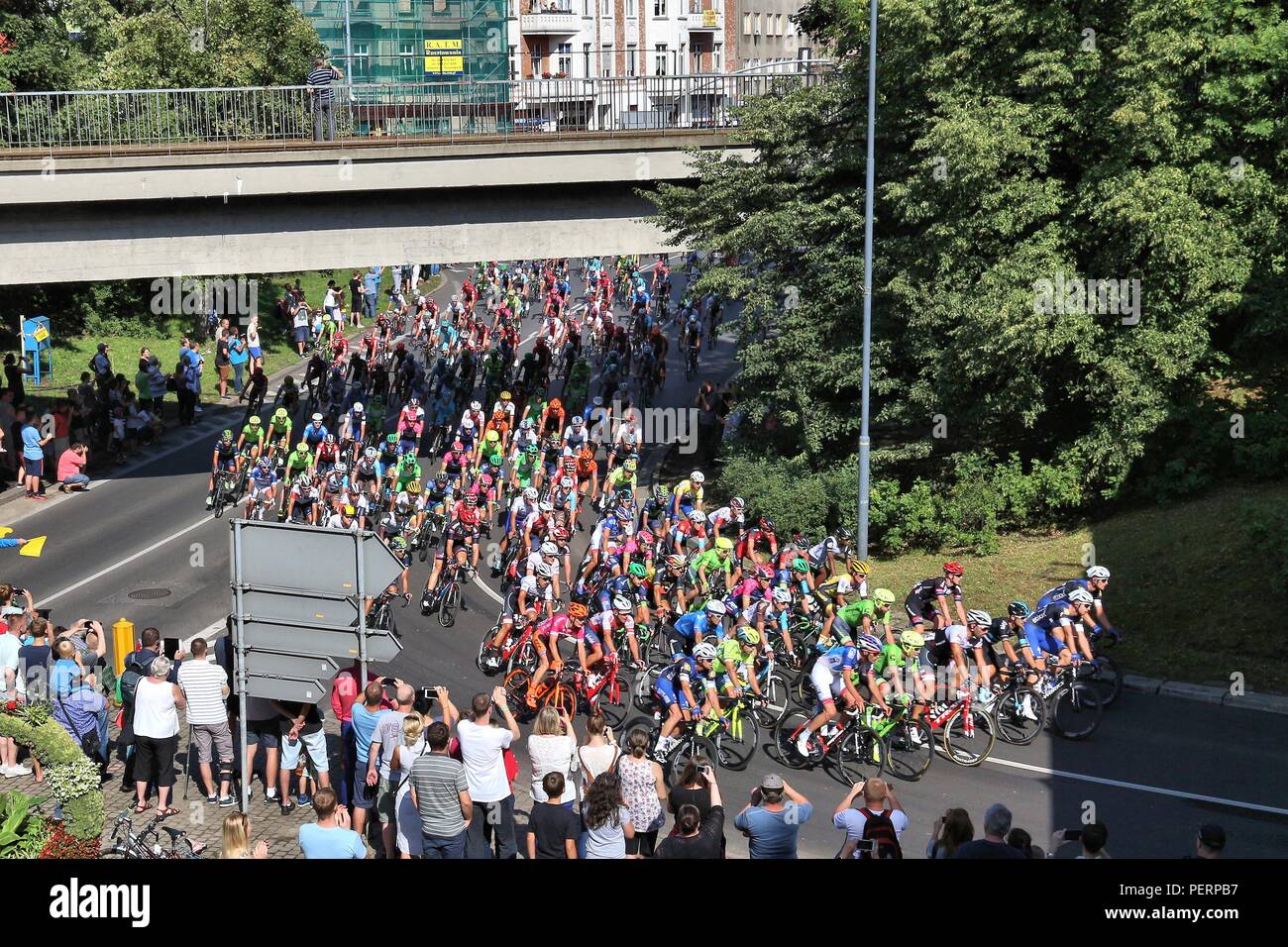 BYTOM, Polen - 13. JULI 2016: Professionelle Radfahrer Fahrt im Peloton der Tour De Pologne Fahrradrennen in Bytom, Polen. TdP ist Teil der renommierten UCI Stockfoto