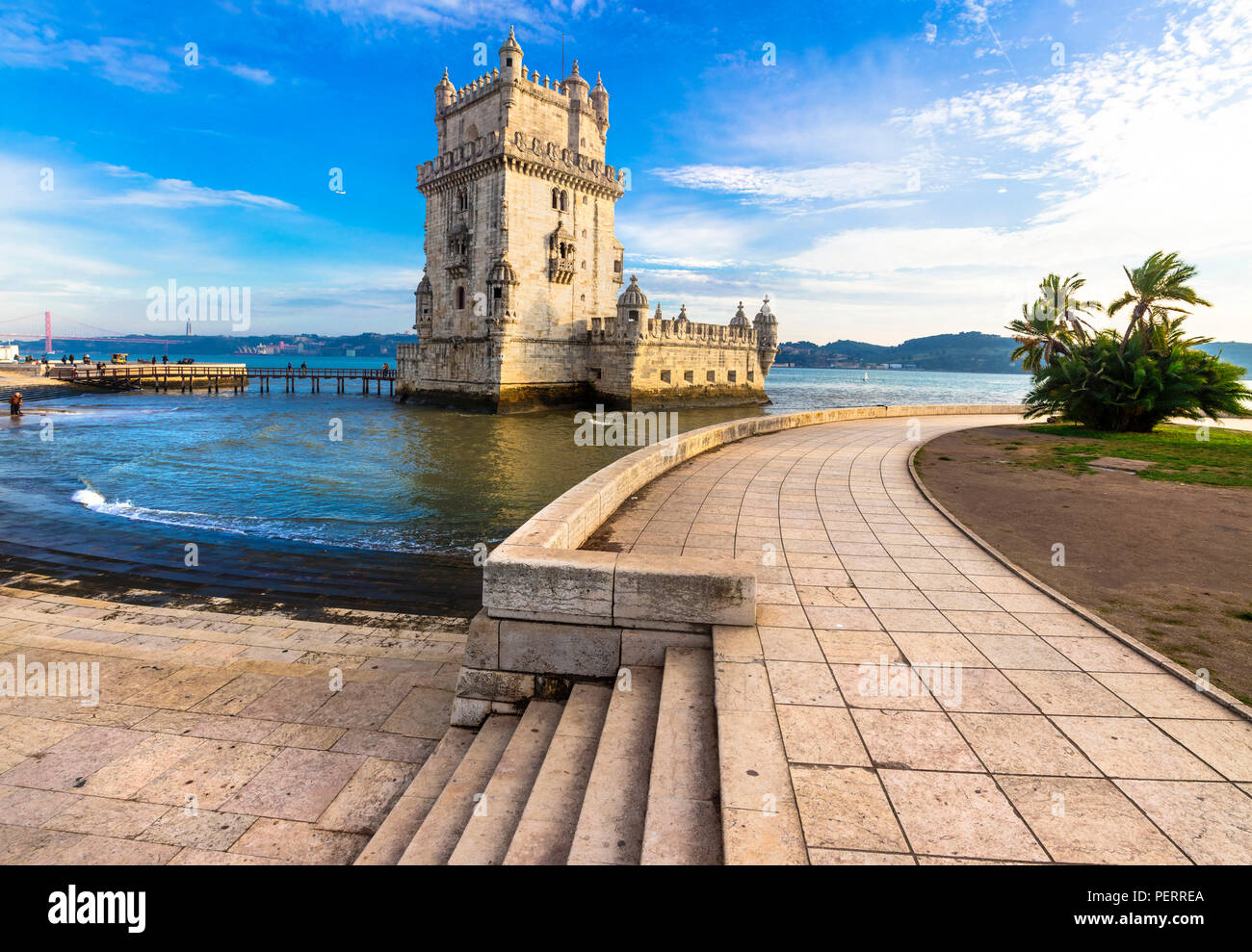 Schöne Belem Turm, Panoramaaussicht, Lissabon, Portugal. Stockfoto