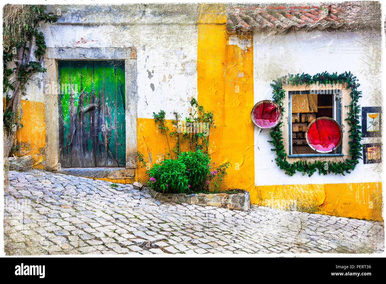 Alten Straßen von Portugal, Obidos Dorf. Stockfoto
