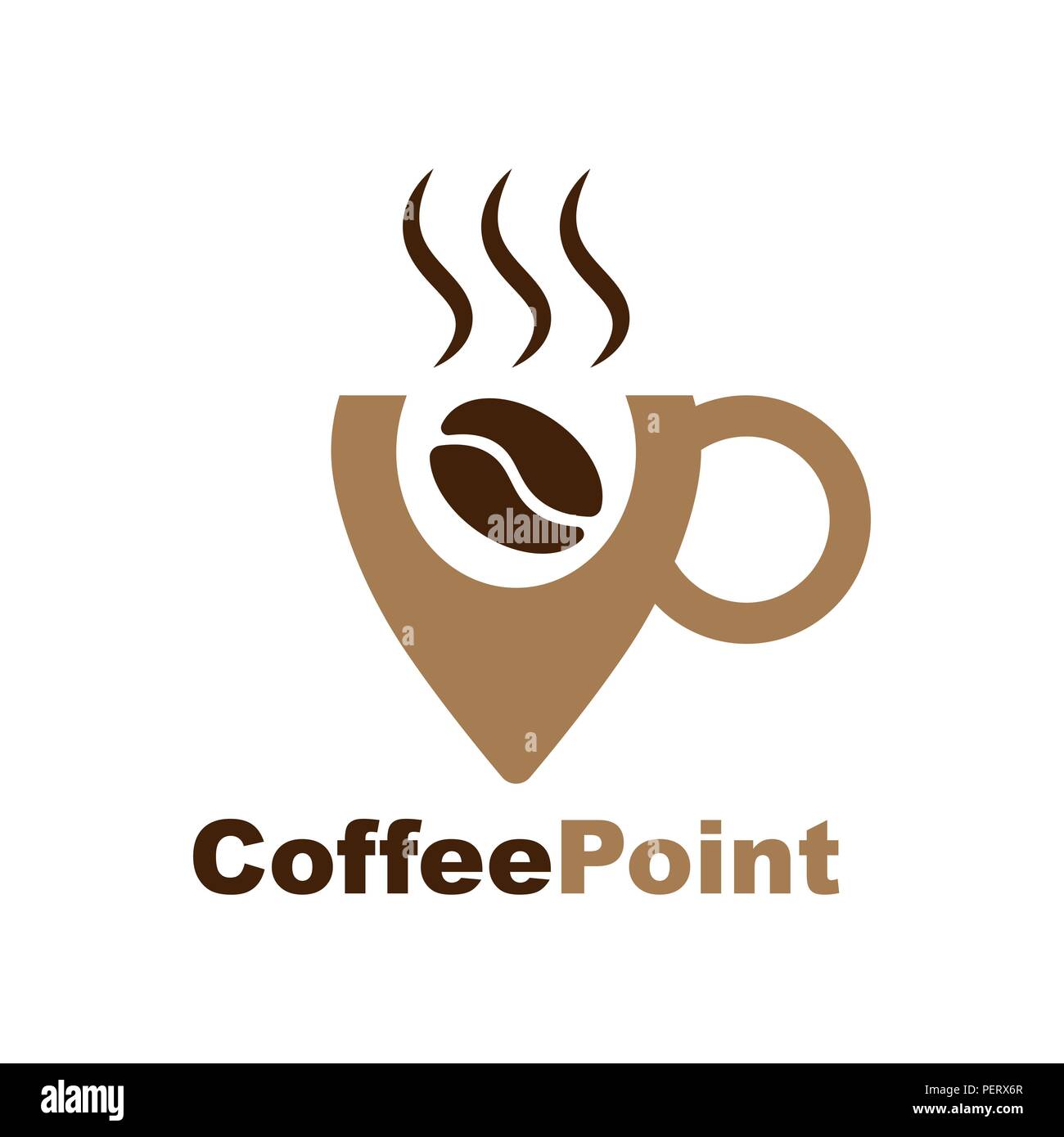 Logo für Coffee Shop. Umrisse Schriftzug mit Coffee Bean, Kappe und Navigation. Kaffee punkt Logo Designs. Kaffee Ort logo template Designs vector Illustrator Stock Vektor