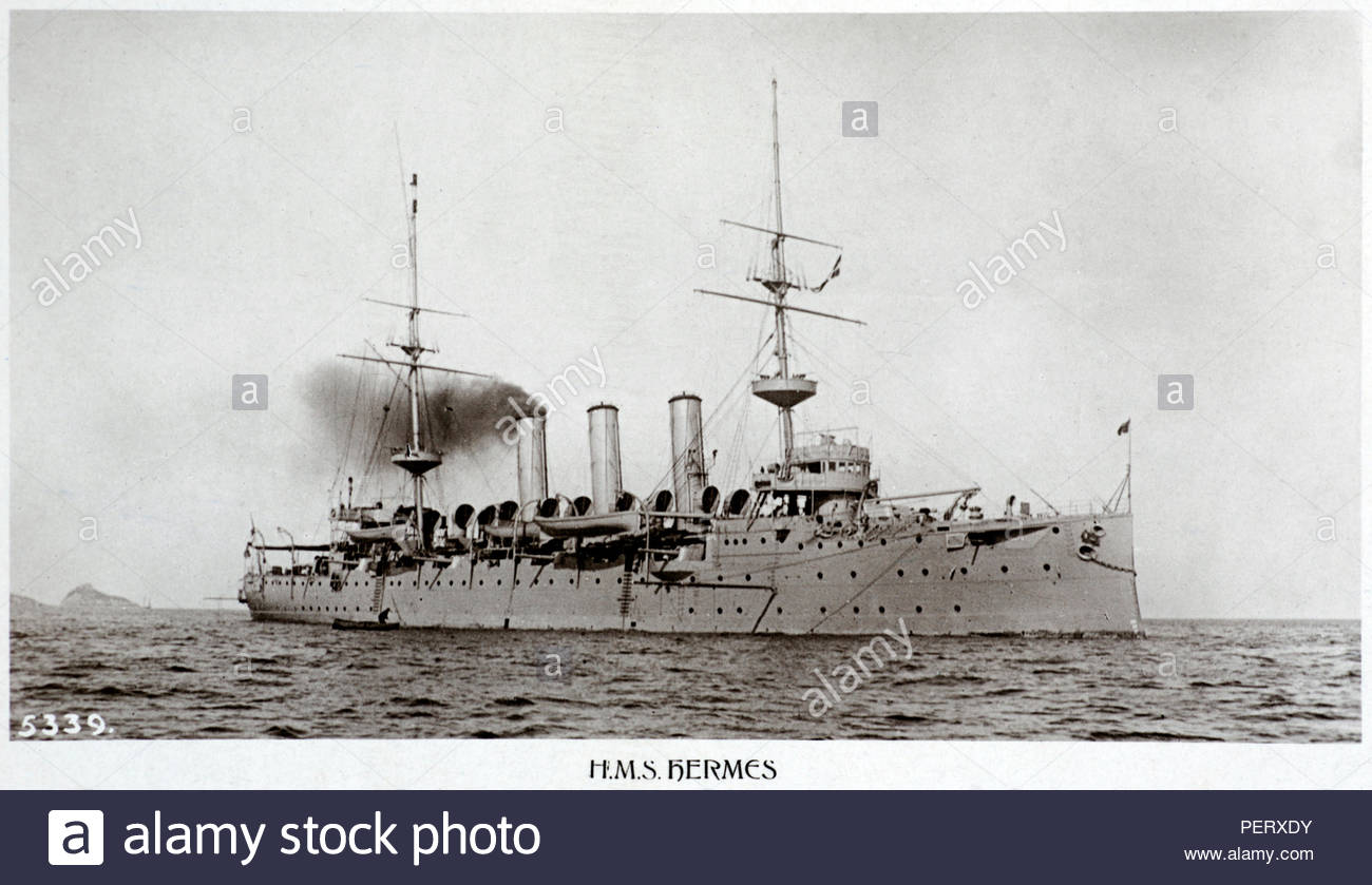 H.M.S. Hermes war ein highflyer-Klasse geschützter Kreuzer für die Royal Navy in den 1890er Jahren erbaut, im Jahre 1898 ins Leben gerufen und torpediert und von einem deutschen U-27 U-Boot U-Boot 1914, Postkarte Foto von ca. 1905 Stockfoto