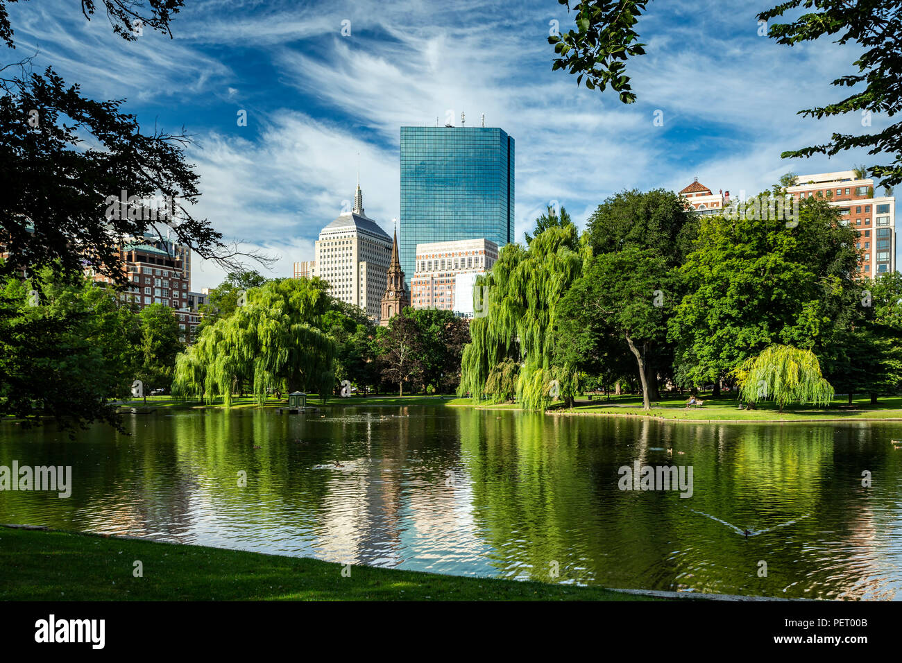 Blick auf die Skyline von öffentlichen Garten, Boston, Massachusetts, USA Stockfoto