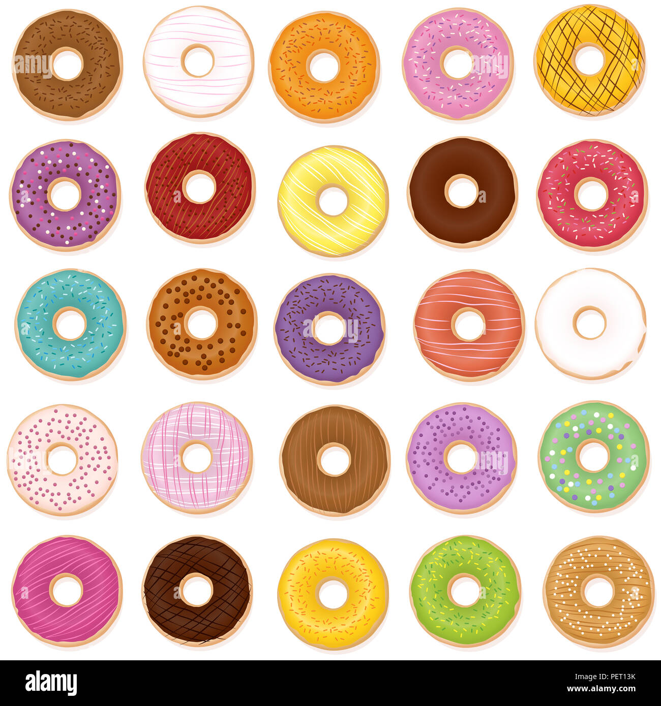 Donut Sorten. 25 verschiedenen Donuts mit individuellen Geschmack, Aromen, Farben, Stile. Stockfoto