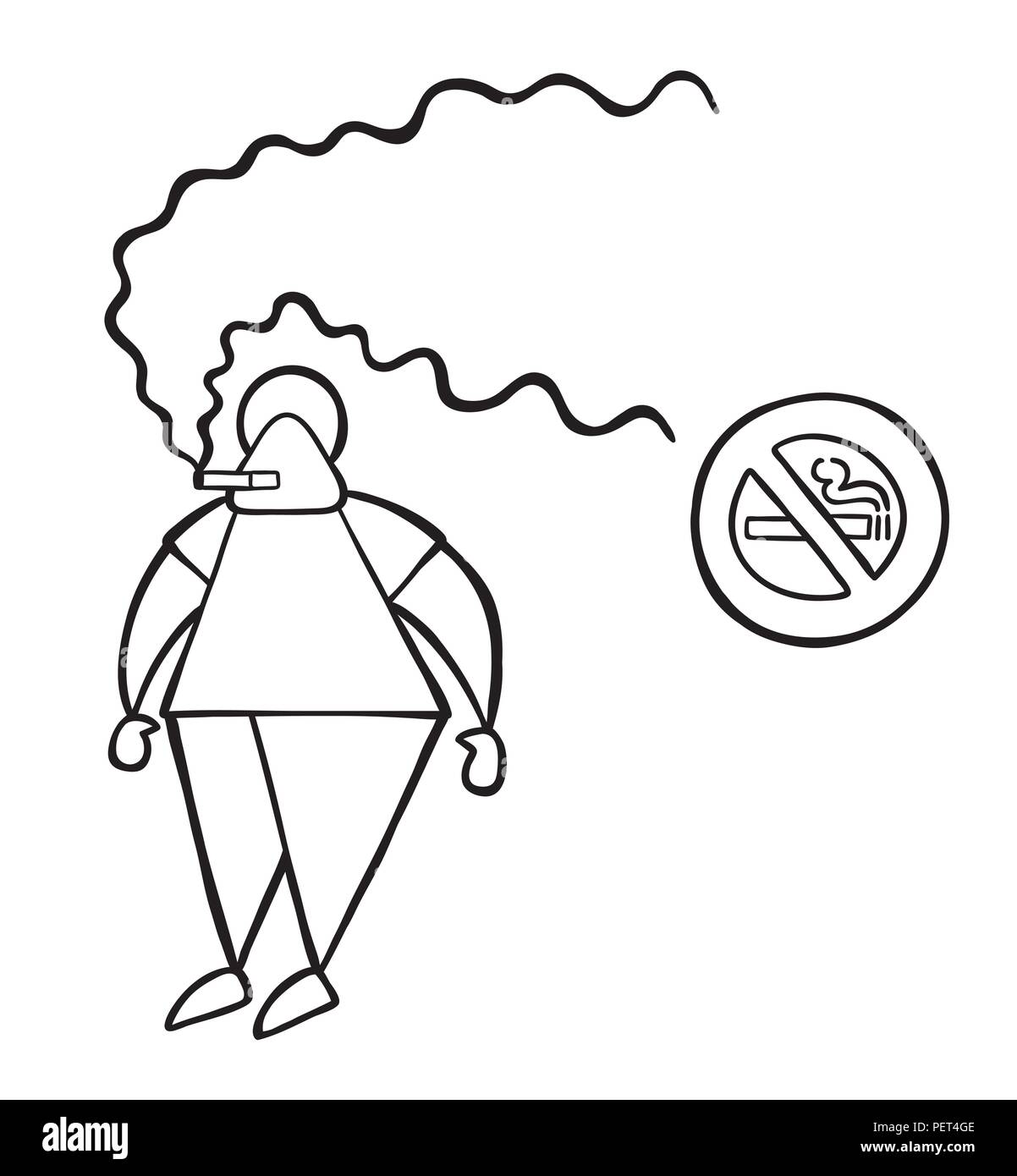 Vector Illustration cartoon mann Charakter rauchen Zigarette neben no smoking sign. Stock Vektor