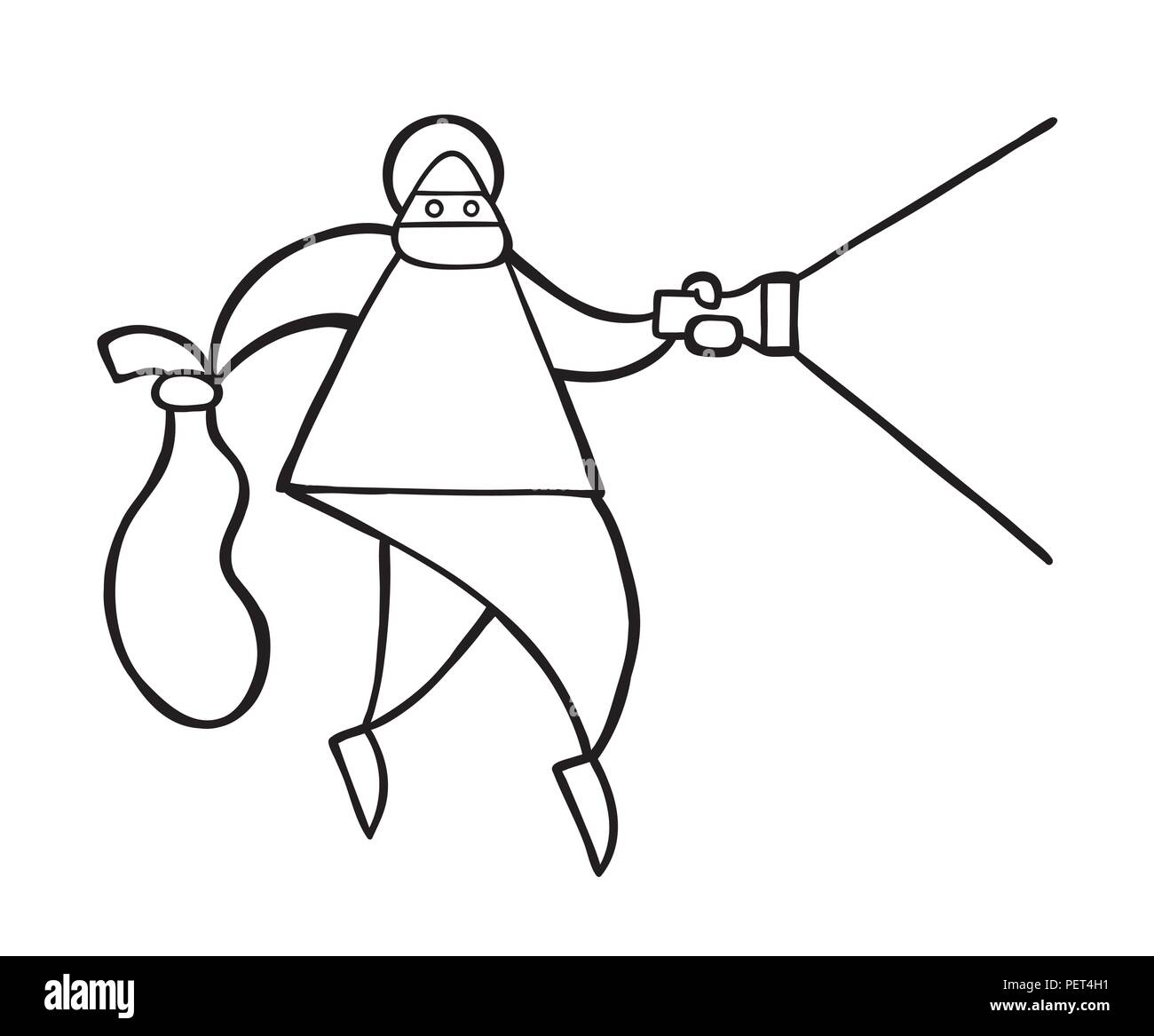 Vector Illustration cartoon Dieb Mann mit Gesicht maskiert zu Fuß und mit Taschenlampe und Sack. Stock Vektor