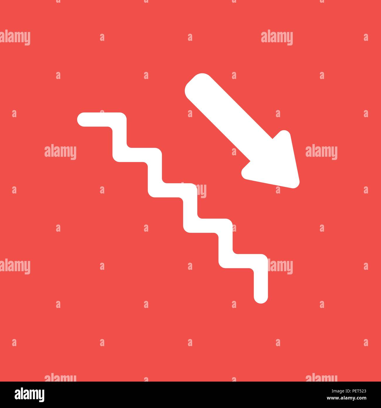 Flache vektorsymbol Konzept der Treppe mit Pfeil abwärts auf rotem Hintergrund. Stock Vektor