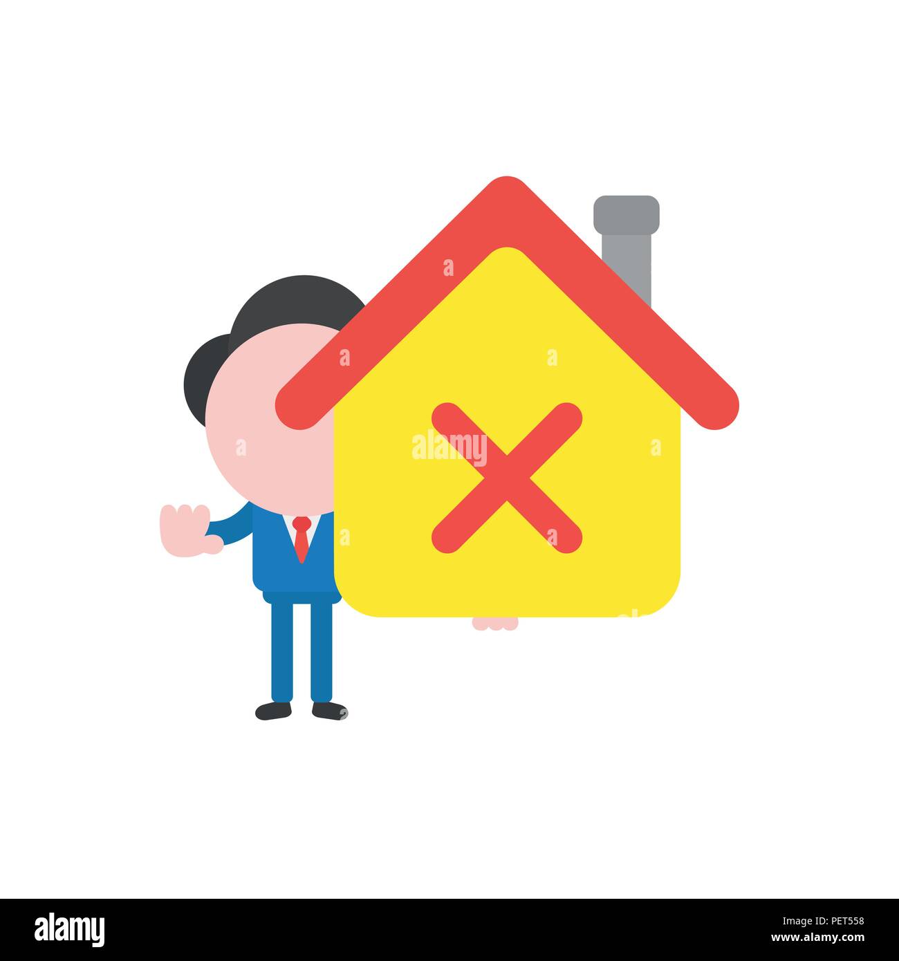 Vector Illustration Geschäftsmann Charakter holding Haus mit roten "x"-Symbol. Stock Vektor