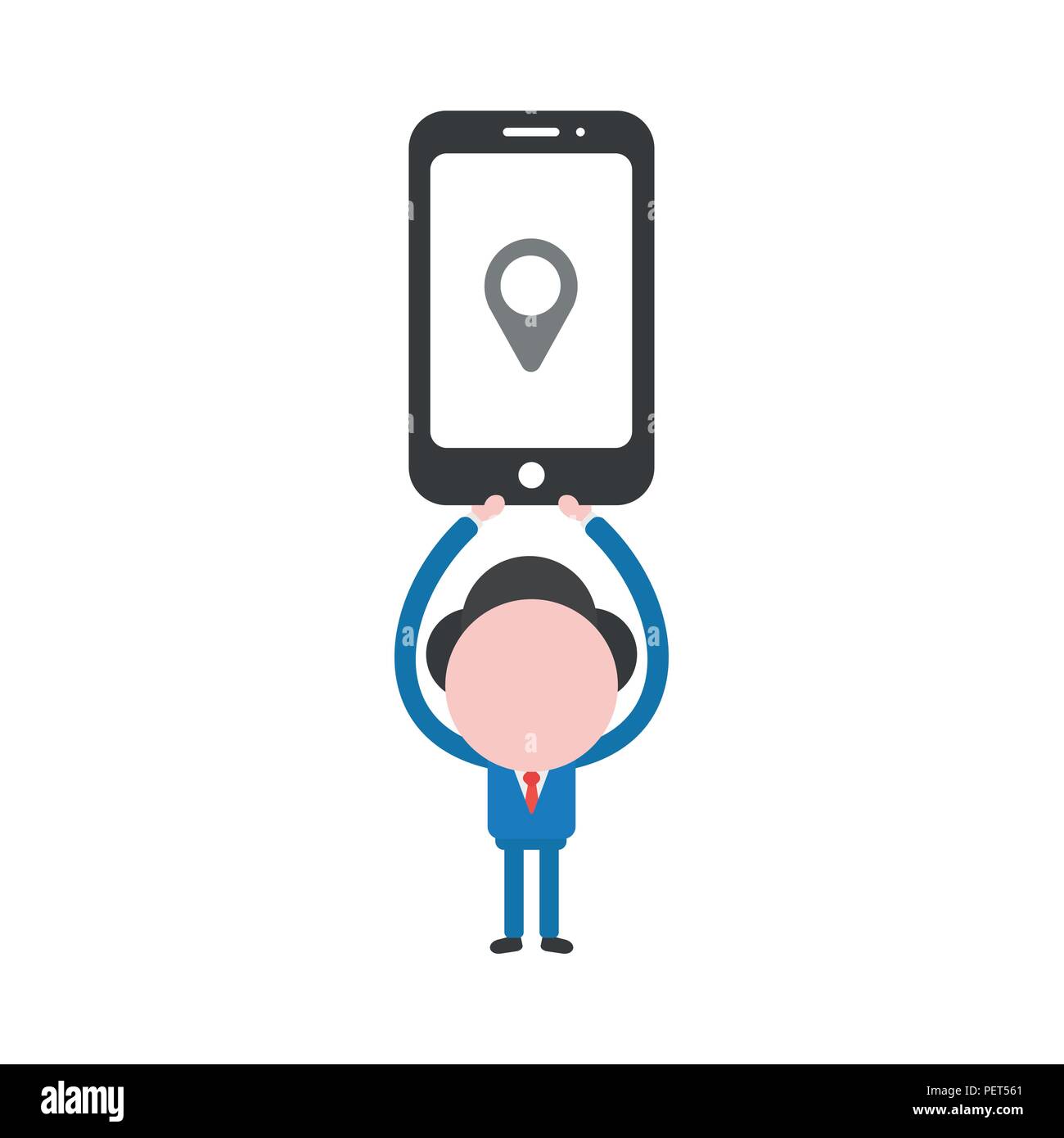 Vector Illustration Geschäftsmann Charakter halten, Smartphone mit kartenzeiger Symbol. Stock Vektor