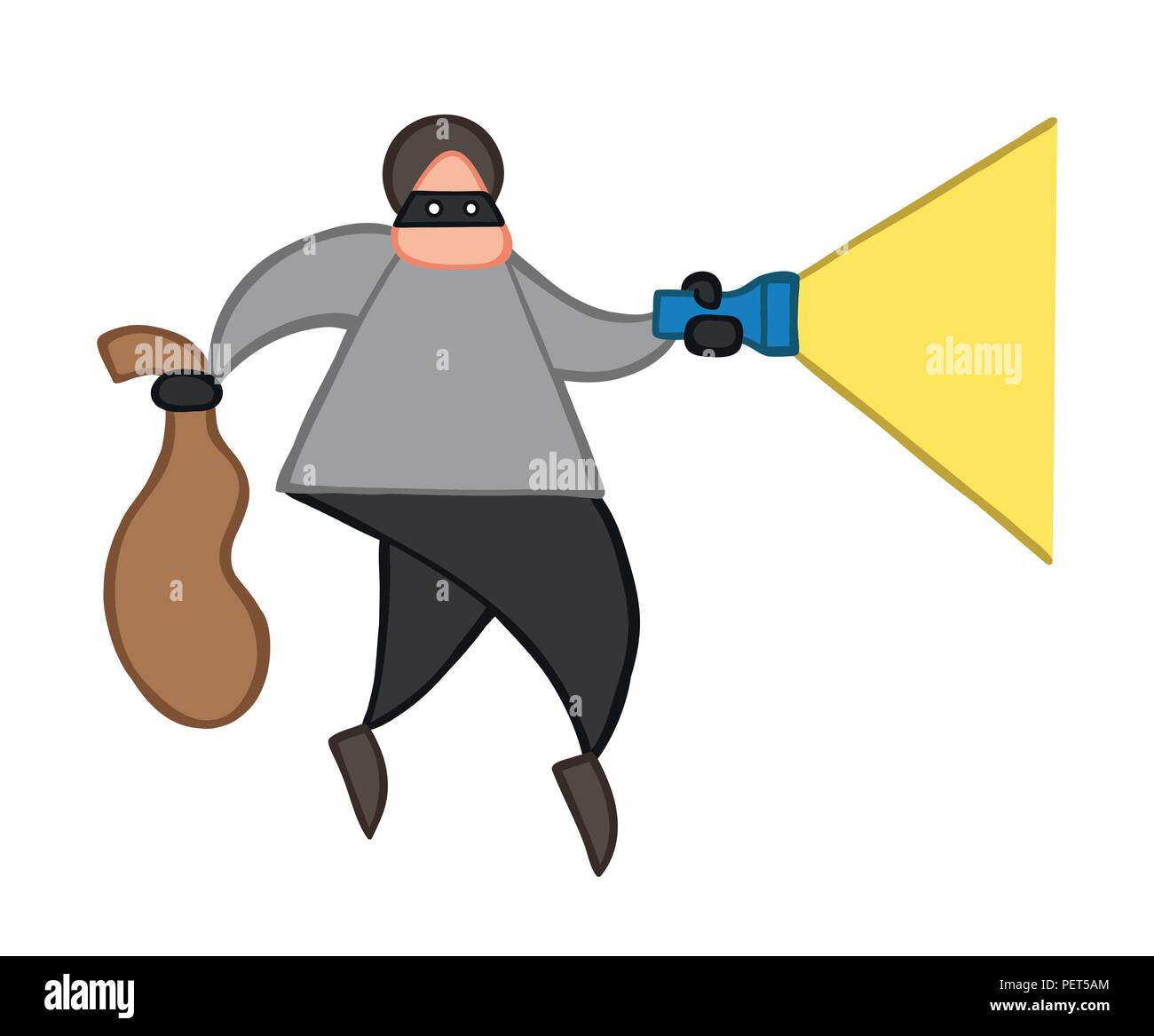 Vector Illustration cartoon Dieb Mann mit Gesicht maskiert zu Fuß und mit Taschenlampe und Sack. Stock Vektor