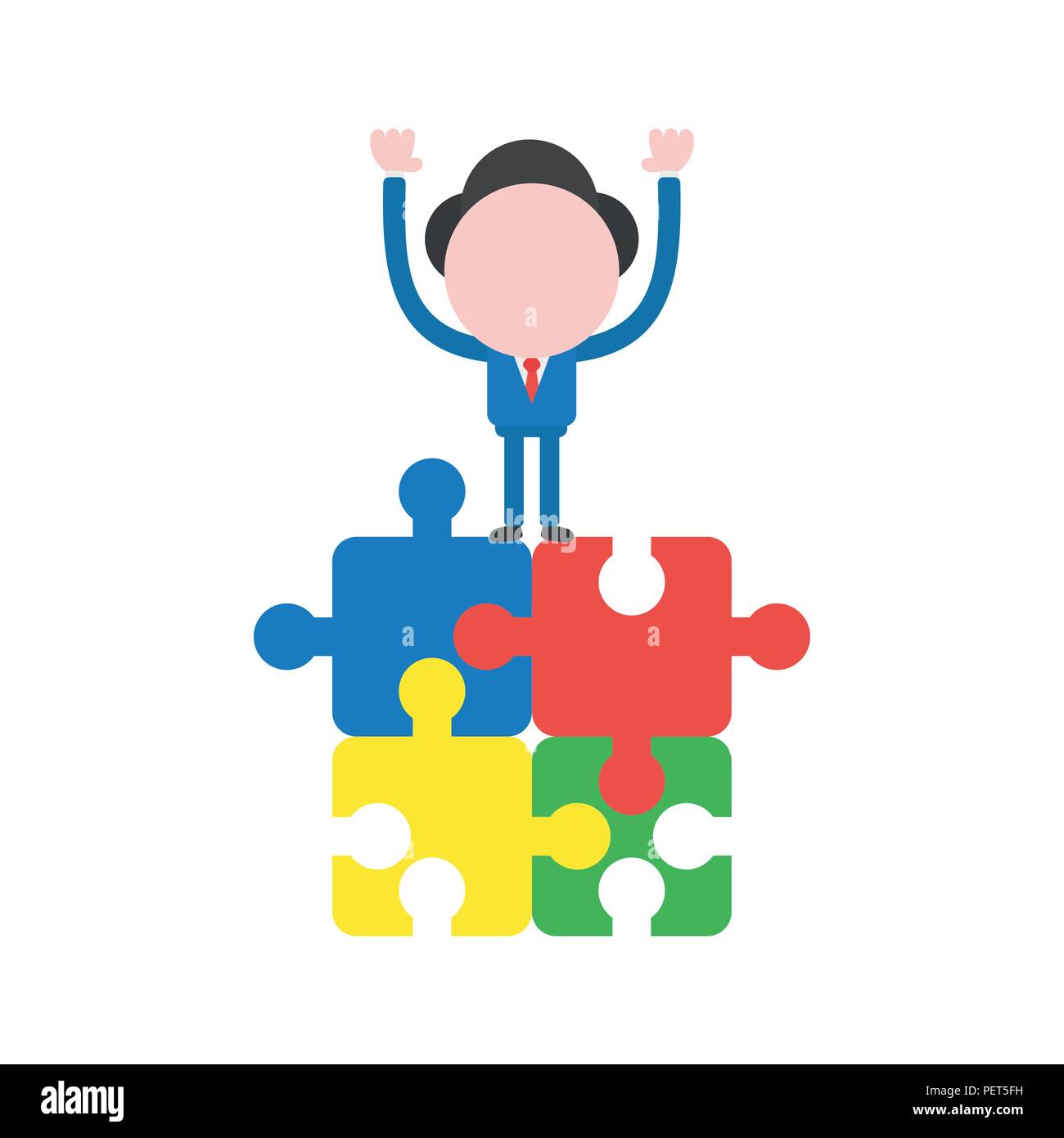 Vector Illustration Geschäftsmann Zeichen stehen auf verbunden vier Puzzle Stücke. Stock Vektor
