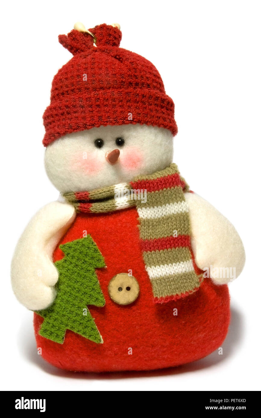 Schneemann mit Weihnachtsbaum auf weißem Hintergrund Stockfoto
