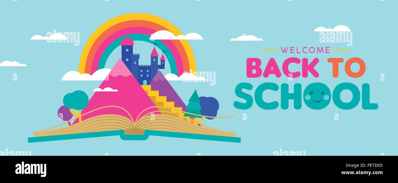 Zurück zu Schule Web Banner mit offenem Buch für Kinder Phantasie und lesen Konzept. Magic Fairy Tale Königreich auf Regenbogen Himmel, bunte Welt der Fantasie Stock Vektor