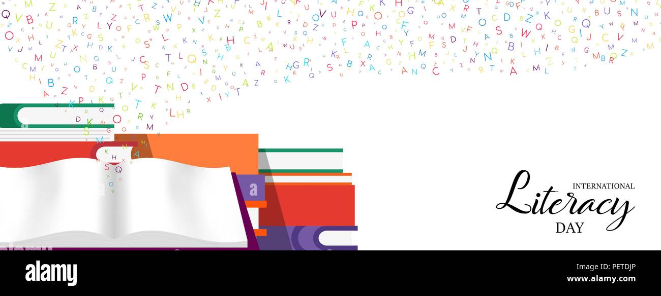 Welt Tag der Alphabetisierung Web Banner Abbildung: bunte Schule Bücher für Kinder Bildung und Buchstaben des Alphabets. EPS 10 Vektor. Stock Vektor