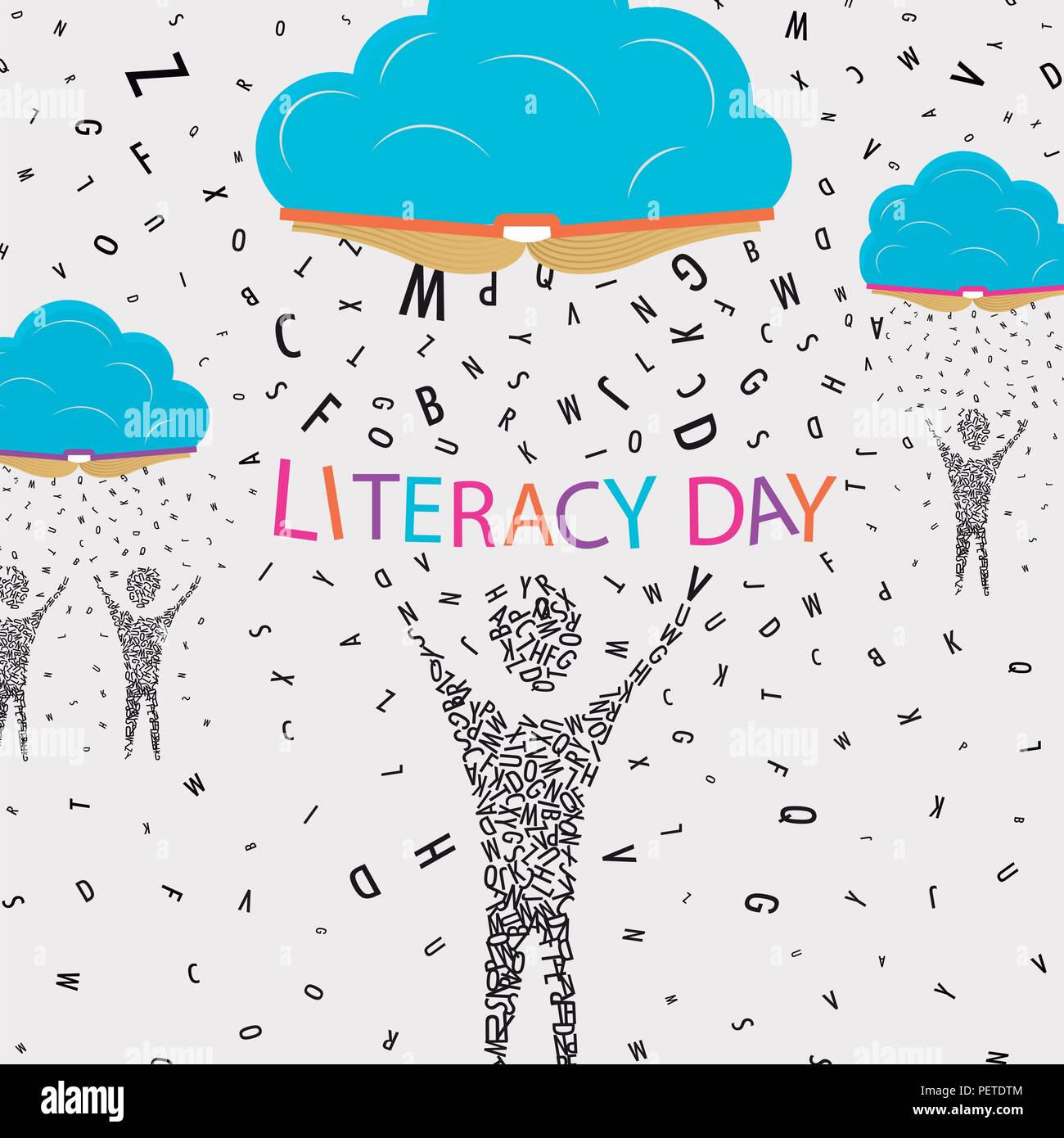 Tag der Alphabetisierung Abbildung, Menschen der Buchstaben unter Buch Wolken gemacht. Welt Bildung für Kinder Konzept. EPS 10 Vektor. Stock Vektor