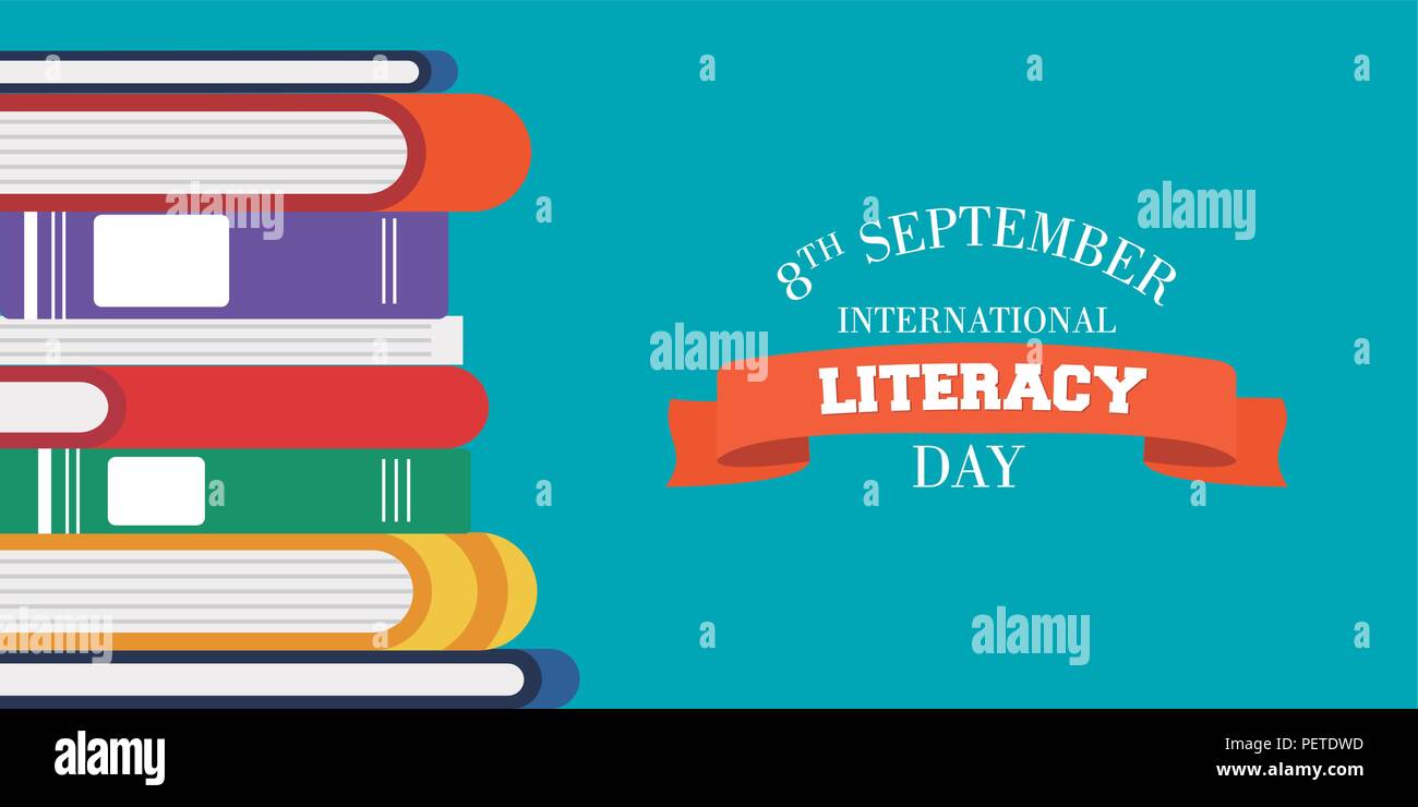 Welt Tag der Alphabetisierung Karte Abbildung: bunte Schule Bücher für Kinder Bildung. EPS 10 Vektor. Stock Vektor