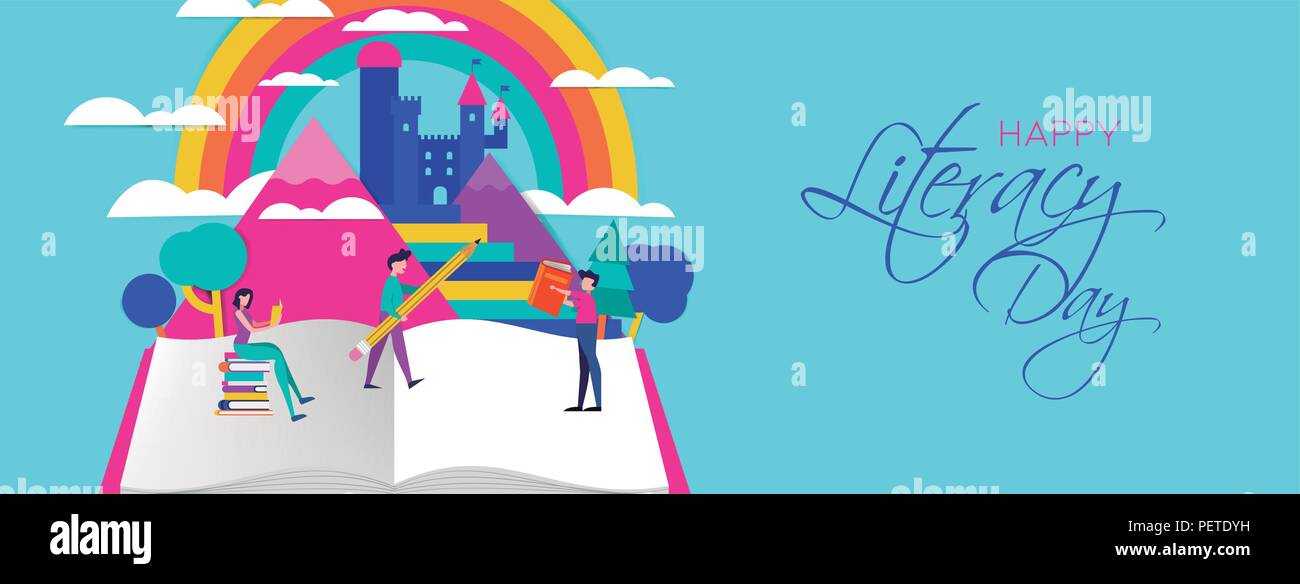 Happy Tag der Alphabetisierung Illustration, Menschen mit Bleistifte und Bücher, die in der Phantasie Landschaft. Konzept Design für Kinder Bildung. EPS 10 Vektor. Stock Vektor