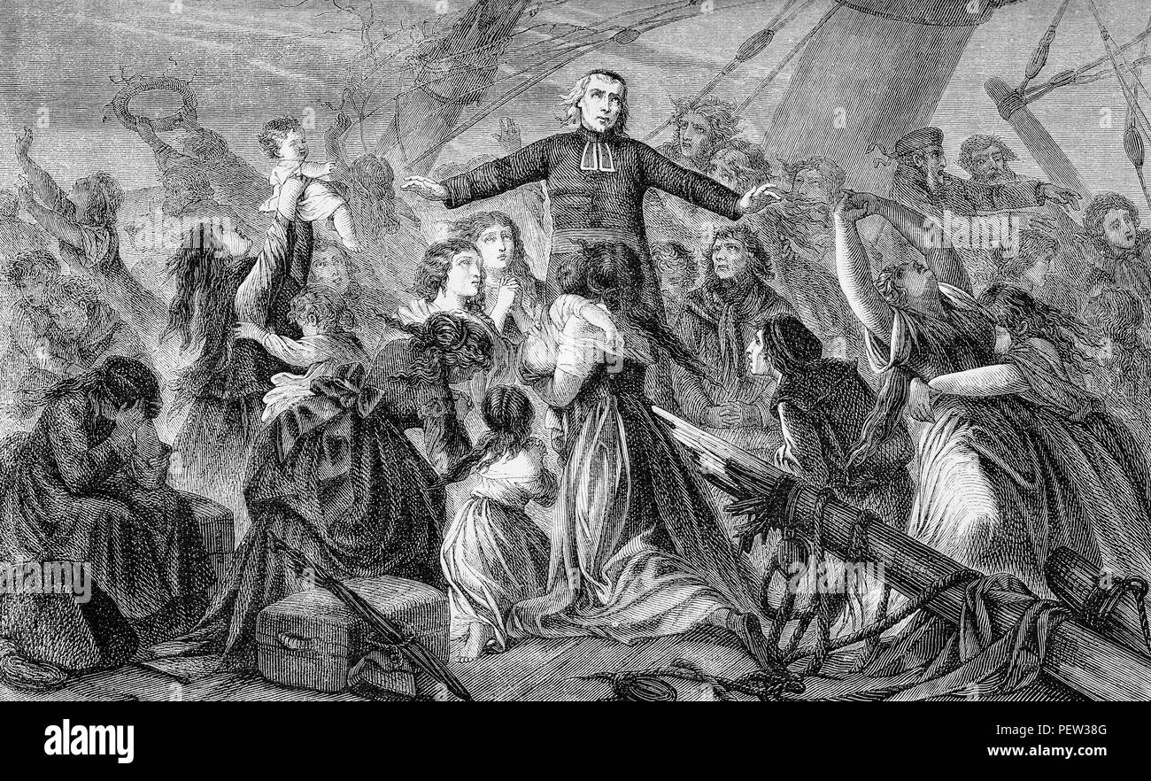 Vintage gravieren, Schiffbruch in einem Meer Sturm, Priester tröstende Angst Menschen, meist Frauen und Kinder Stockfoto
