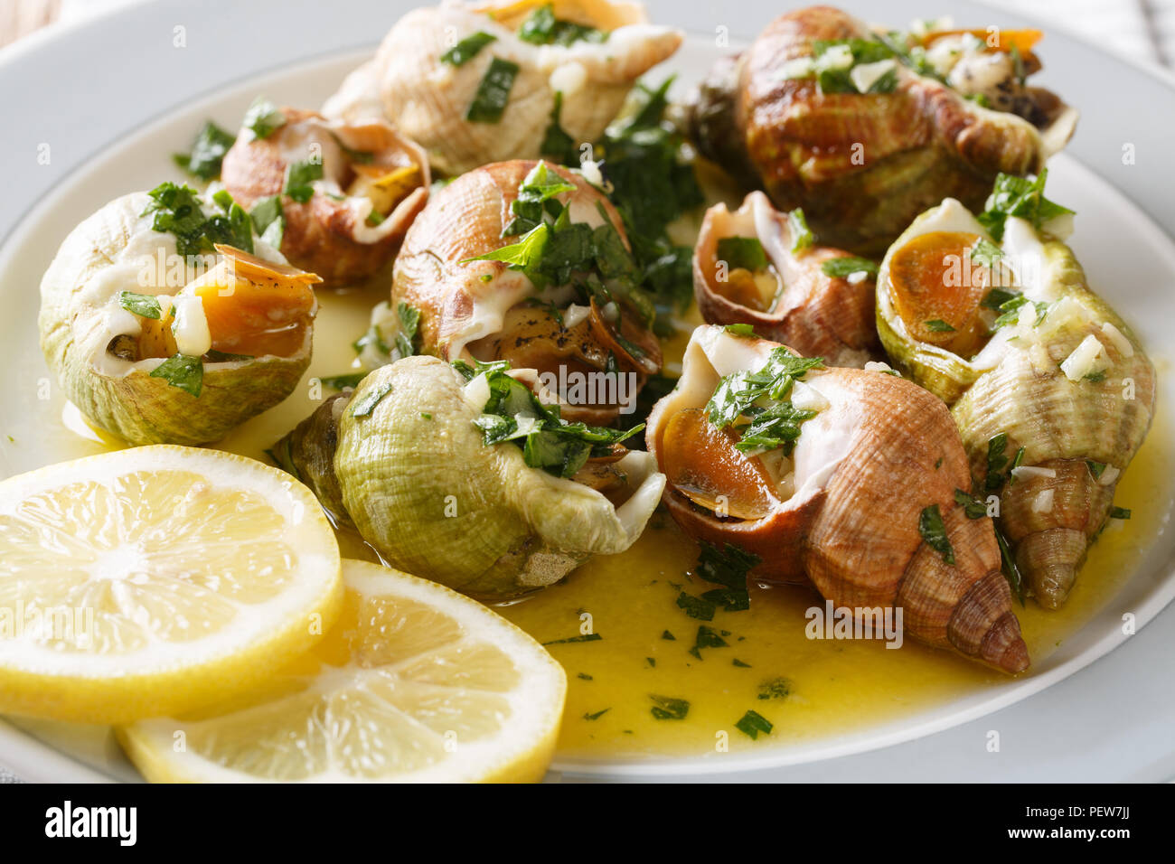 Feinkost Essen: wellhornschnecken, Seeschnecken bulot mit Knoblauch, Petersilie und Zitrone close-up auf einem Teller. Horizontale Stockfoto