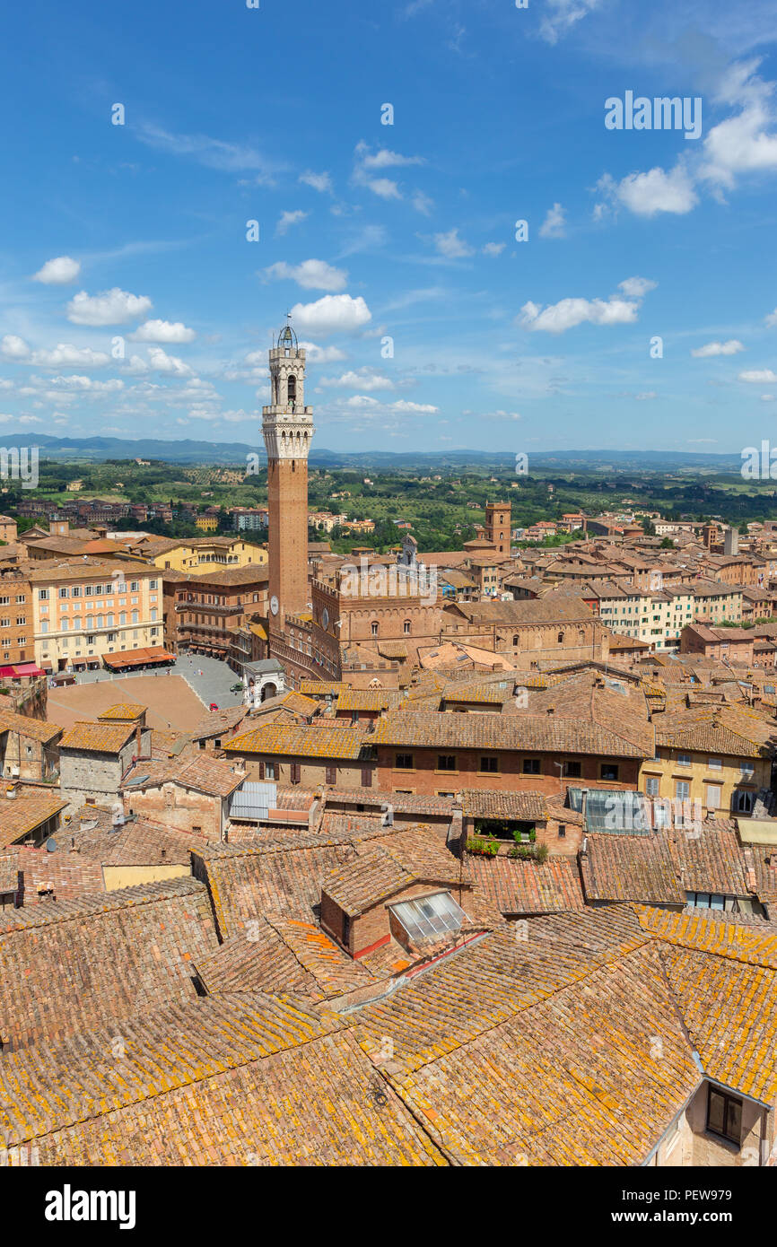 Blick über die Piazza del Campo mit dem mangia Turm als aus der Sicht im Museo Dell'Opera gesehen Stockfoto