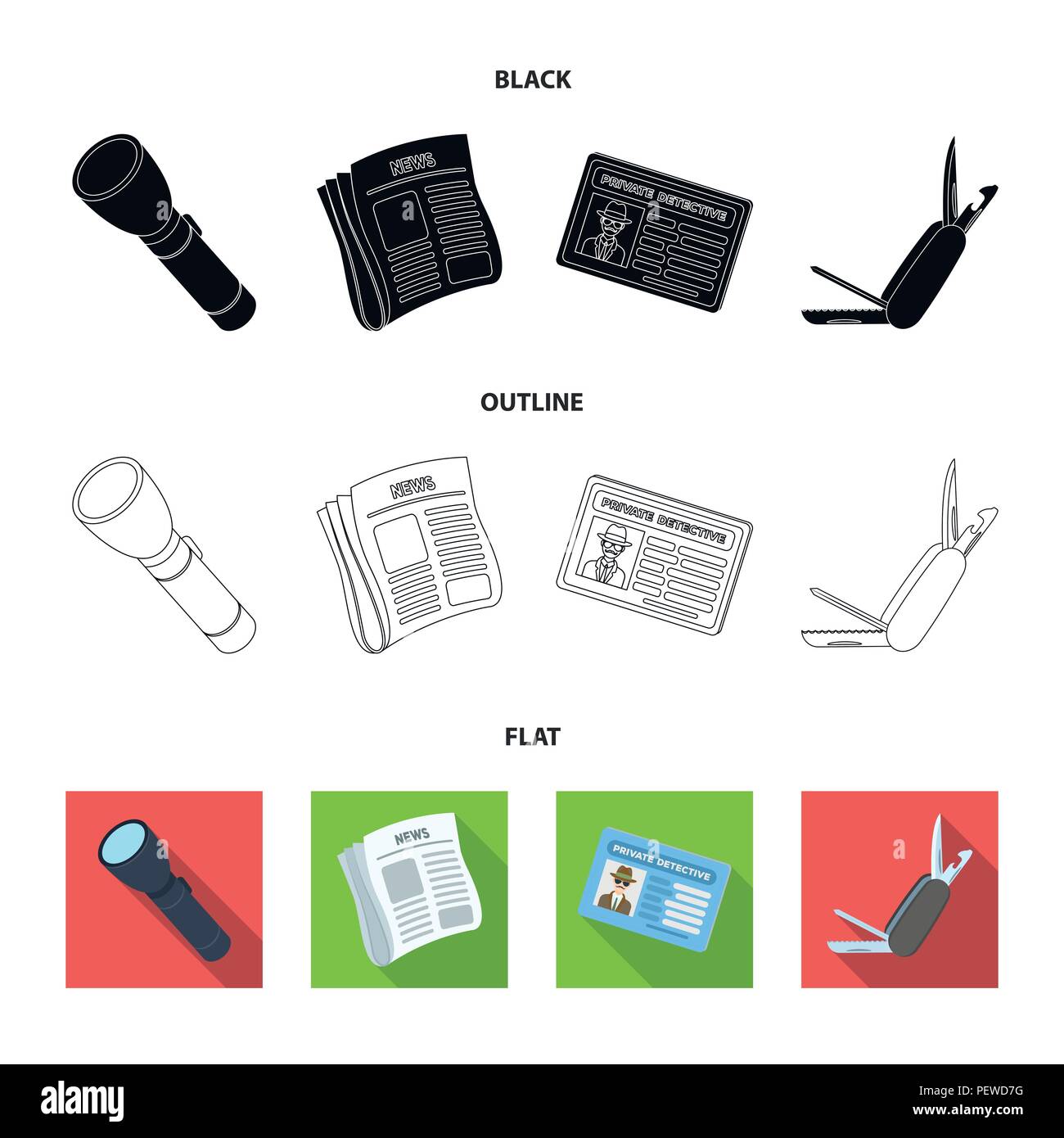 Taschenlampe, Zeitung mit Nachrichten, Zertifikat, Taschenmesser. Detektiv set Sammlung Icons in Schwarz, flach, Outline style Vektor Symbol lieferbar illustratio Stock Vektor