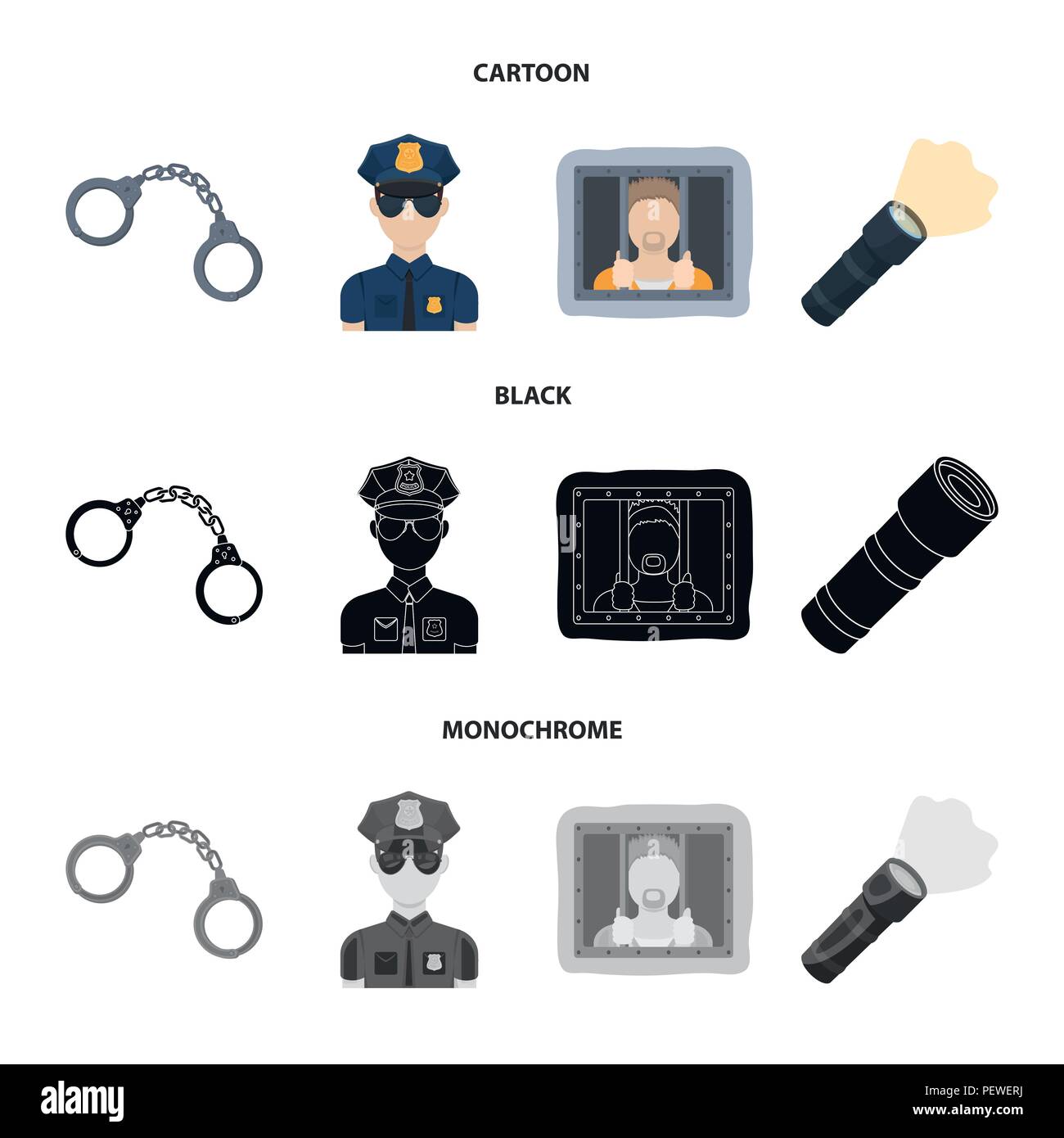 Handschellen, Polizist, Gefangener, Taschenlampe. Polizei Sammlung Icons im  Cartoon, schwarz, Schwarzweiß-Stil vektor Symbol lieferbar Abbildung  Stock-Vektorgrafik - Alamy
