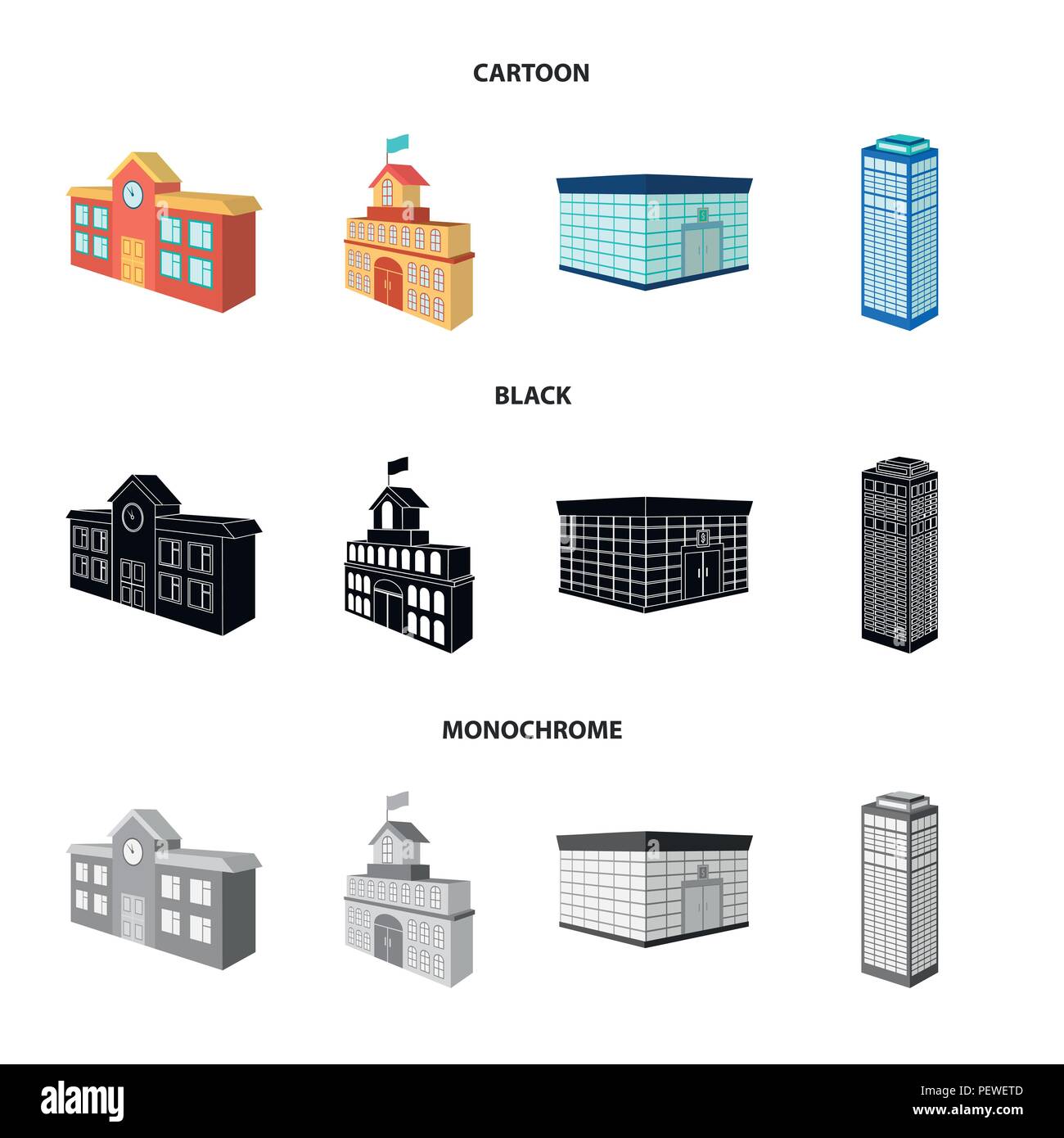 Bank office, Wolkenkratzer, Rathaus Gebäude, Hochschule Gebäude. Architektur und Struktur Sammlung Icons im Cartoon, schwarz, Schwarzweiß-Stil vect Stock Vektor