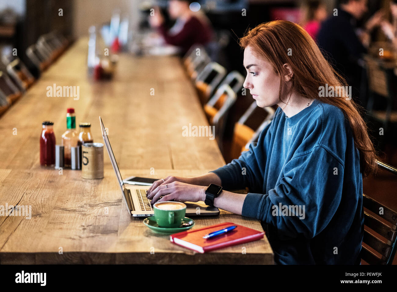 Junge Frau mit langen roten Haaren sitzen am Tisch, Arbeiten am Laptop. Stockfoto