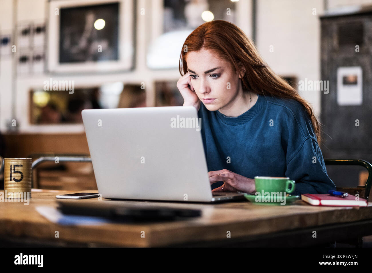 Junge Frau mit langen roten Haaren sitzen am Tisch, Arbeiten am Laptop. Stockfoto