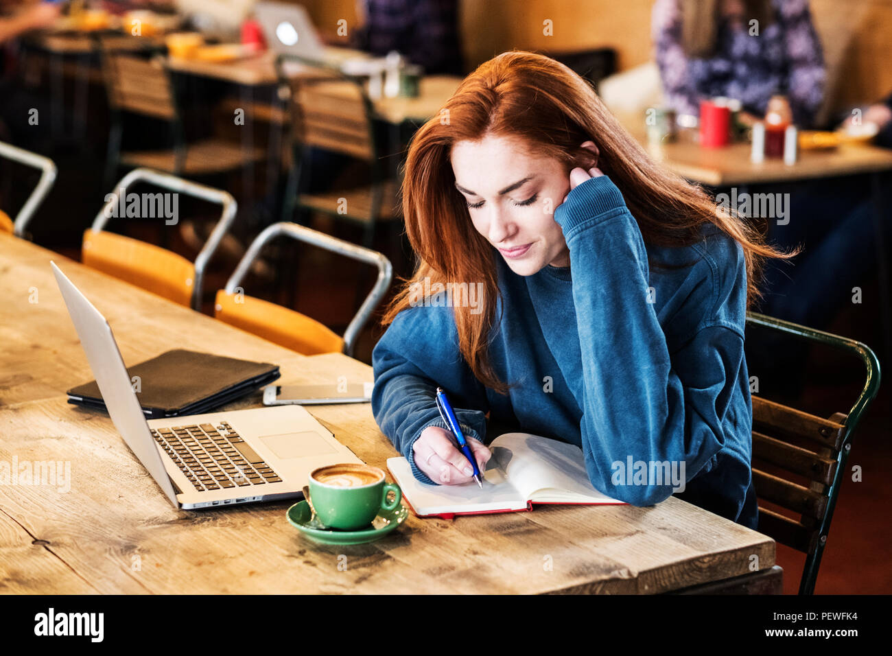 Lächelnde junge Frau mit langen roten Haaren sitzen am Tisch, Arbeiten am Laptop. Stockfoto
