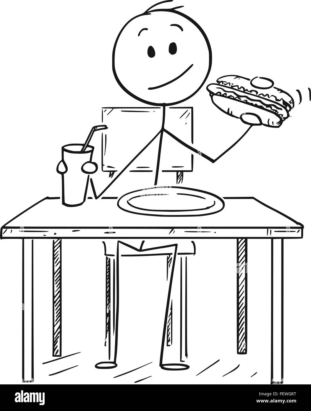 Cartoon von Mann essen Hotdog und trinken Cola oder kohlensäurehaltige Getränke Stock Vektor