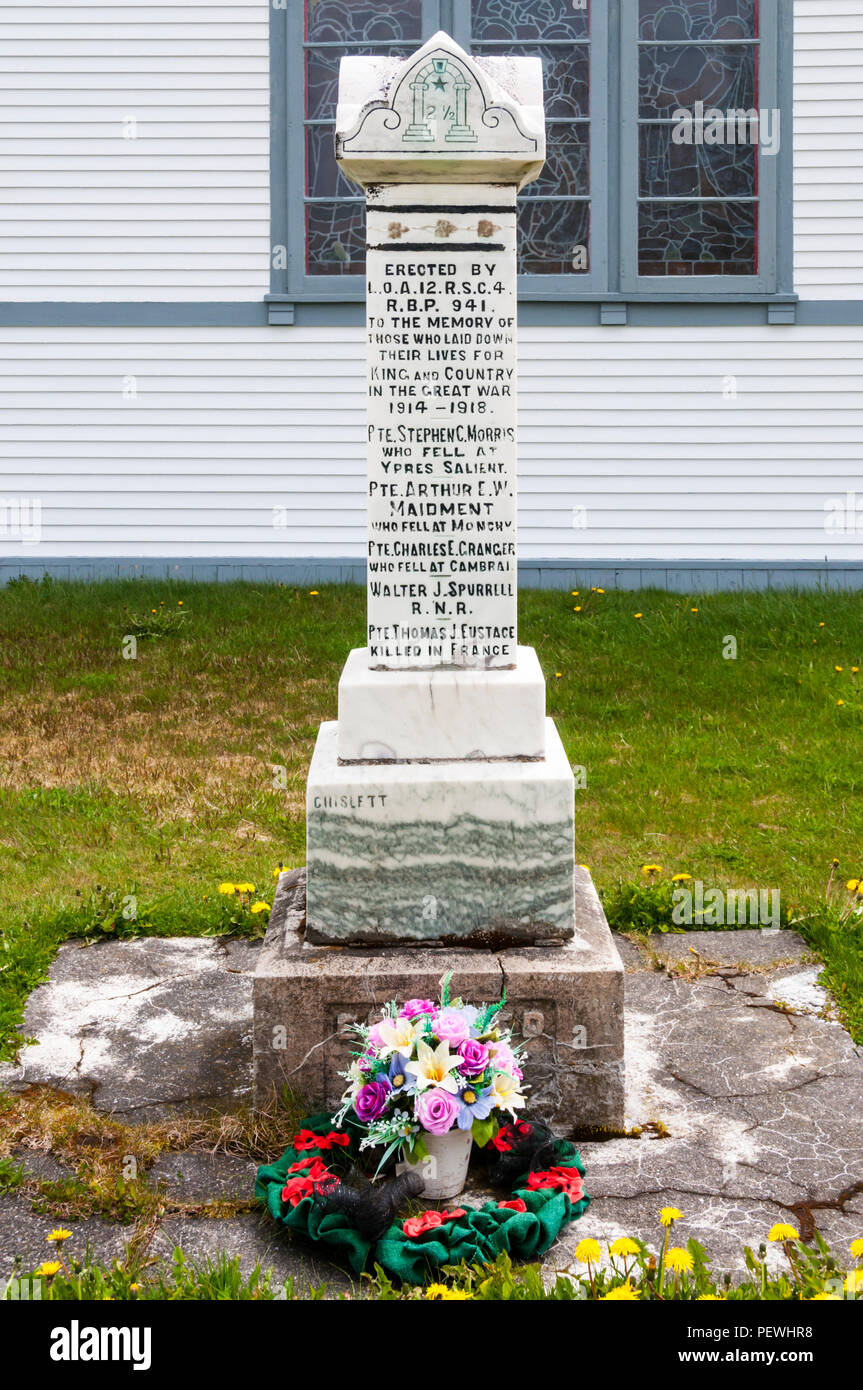 Treu oranier's Memorial, ein Denkmal auf dem Friedhof von St. Paul's Anglican Church in Dreiheit, Neufundland. Stockfoto