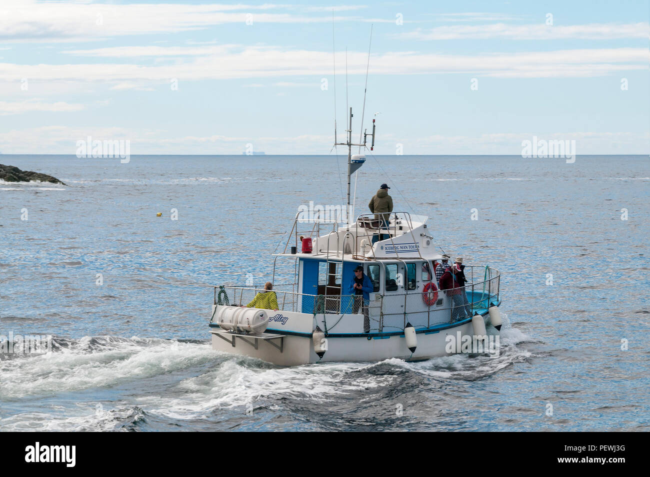 Eine Whale Watching Boot fährt Twillingate, Neufundland, auf der Suche nach buckelwalen. Stockfoto